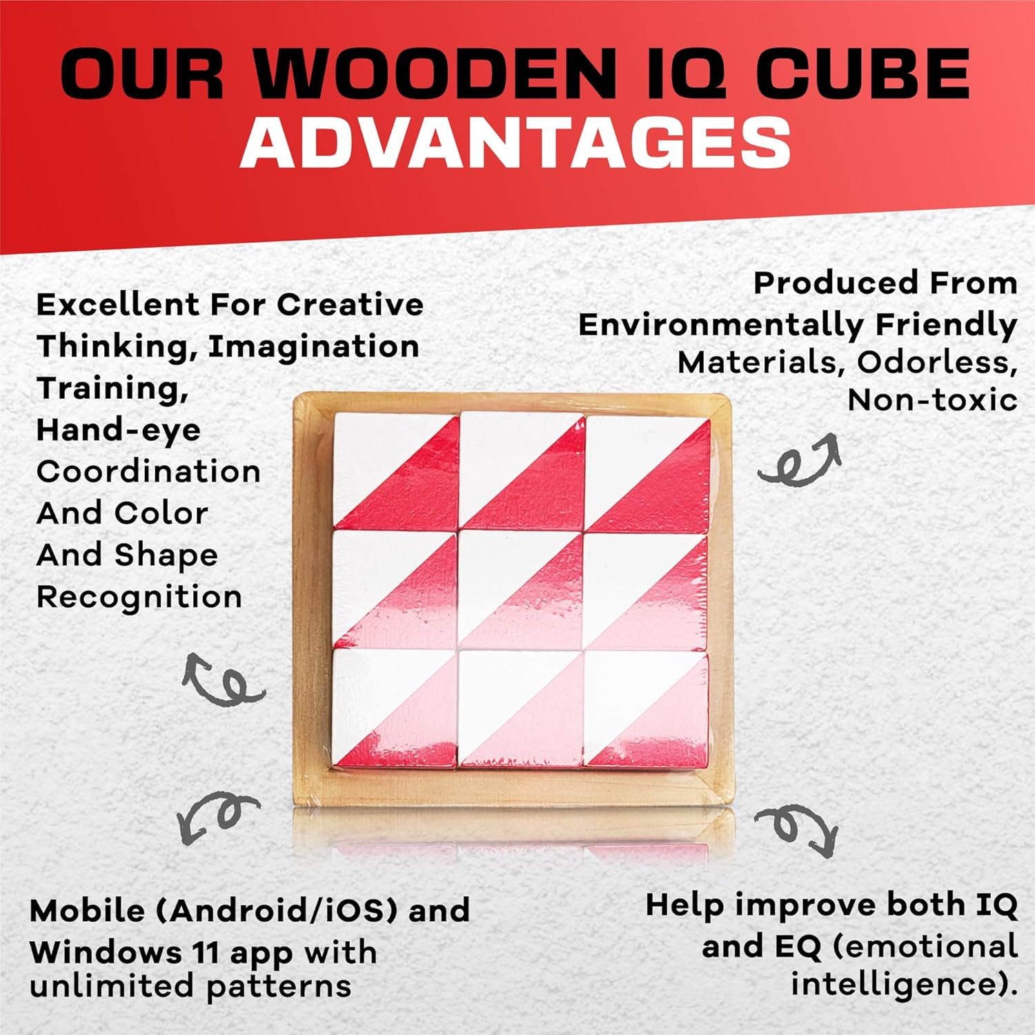Prfcnl IQ Test Blocks - 9 Wooden Cubes in White and Red with 60 Patterns and Mobile App, Ideal for WISC, WAIS, WPPSI Prep,Educational STEM Montessori Gift Toy for All Ages Challenge image number 1