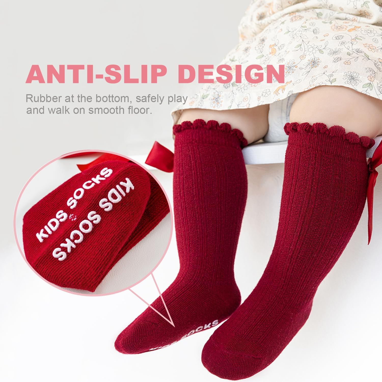 Baby Girls Knee High Socks 5 Pairs, Non-Slip Infant Toddler Bow Stockings Breathable Knit Bowknot Ruffle Knee High Socks Cotton Newborn Infant Long Stocking Socks Tube Ruffled Dress Socks image number 5