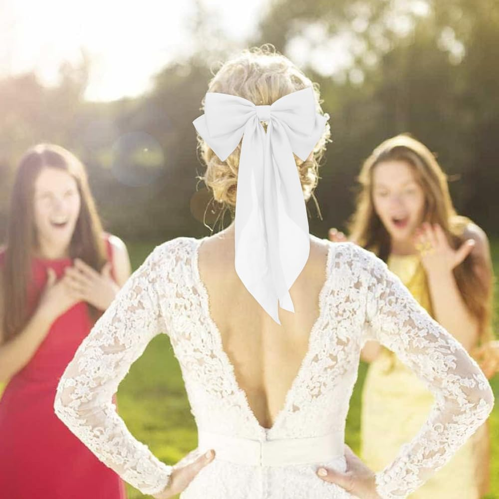 Elegant Large Bow Hair Clips,2Pcs Stylish Black and White Satin Ribbon Bows with Long Tails for Women,Bowknot Hair Clip Barrettes,Accessories for Birthday,Wedding,Holidays,Ribbons for Girls and Women image number 4