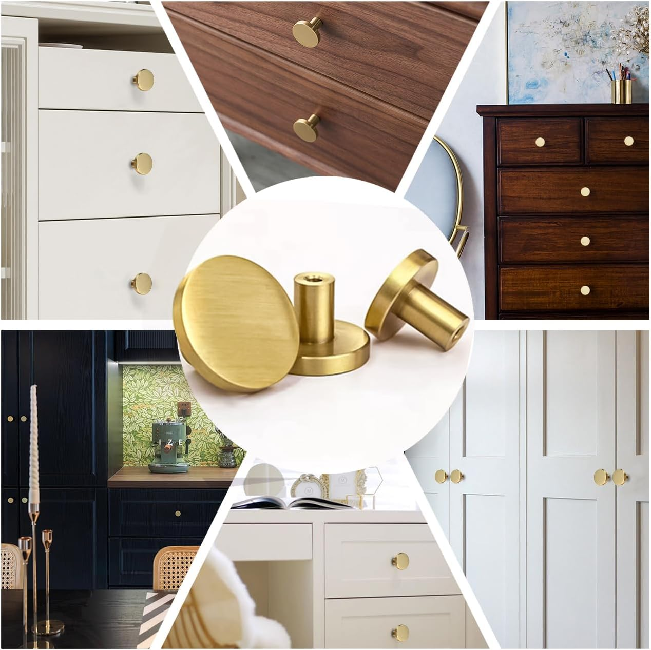 Gold Cabinet Knobs,4Pcs round Brass Brushed Drawer Handles,20Mm Golden Hardware Dresser Drawer Knob,Gold Solid Knobs for Bathroom,Wardrobe and Kitchen Cupboard Doors image number 4