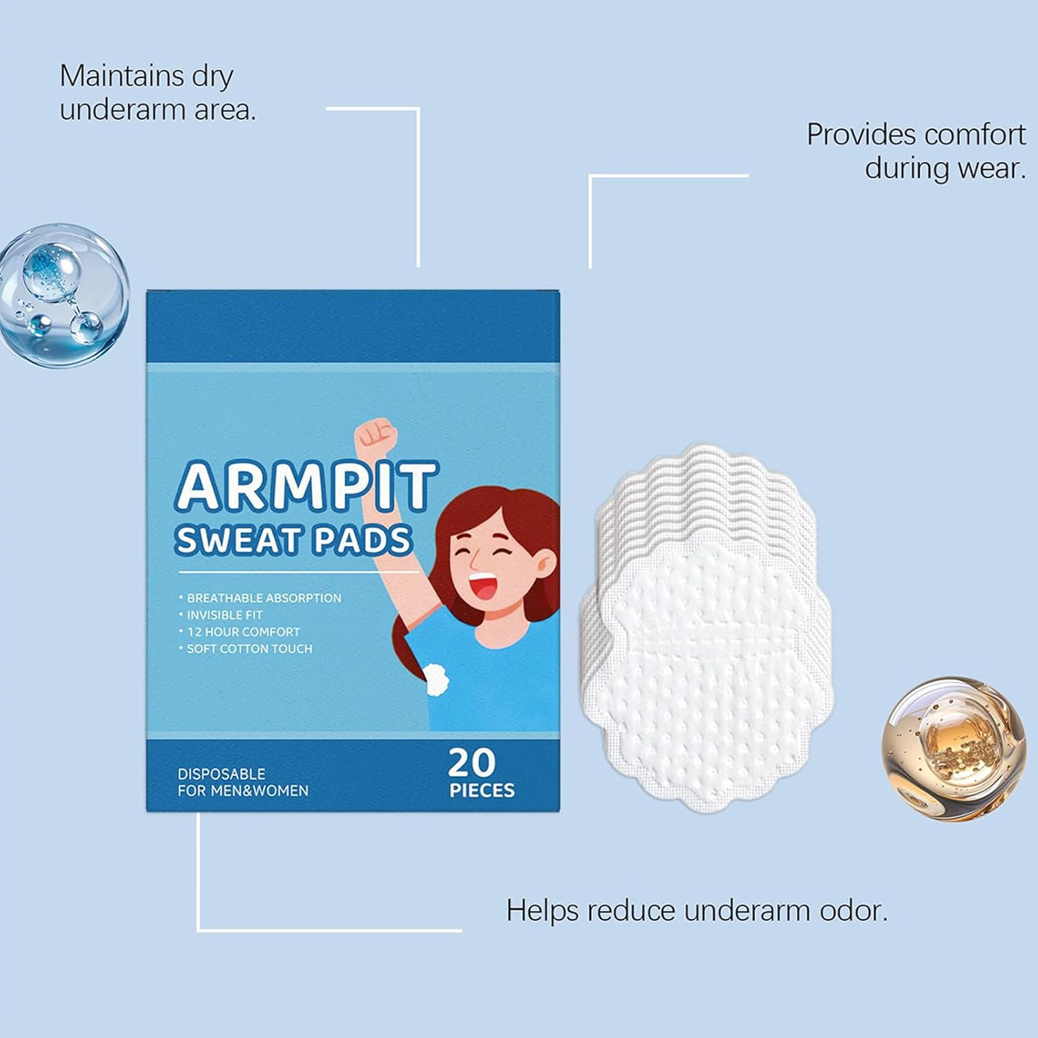 Aebtoe Underarm Sweat Pads, 20 Pieces Comfort Fit Waterproof Breathable Underarm Pads, Leak-Proof for Personal Care Travel Daily Summer image number 6
