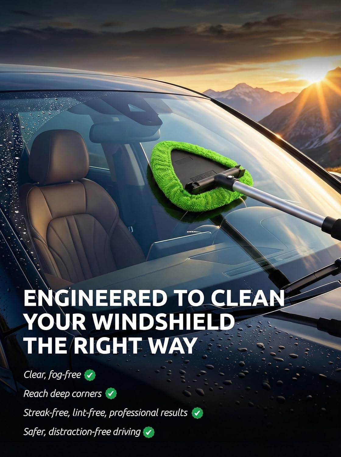 TAKAVU Car Window Cleaning Tool, Windshield Wiper Cleaner with Extendable Long-Reach Handle, 3 Washable Reusable Microfiber Bonnets, Car & Home inside Interior Exterior Use - Lint Free (Green) - Black  Green image number 2
