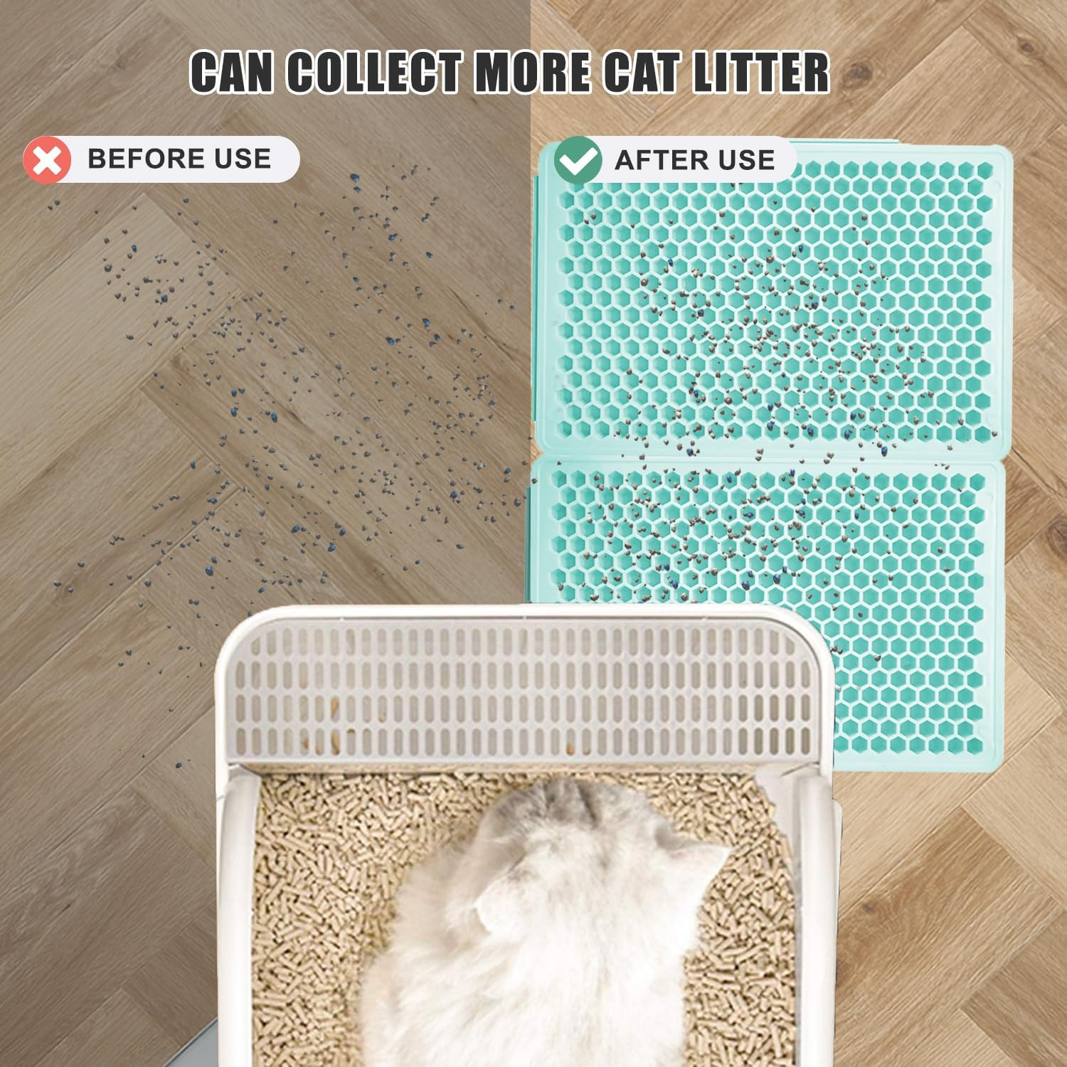 Cat Litter Tray Mat, Honeycomb Design, Cat Litter Tray Mat, Cat Litter Mat, Mat for under Cat Litter, Waterproof and Non-Slip, TPE, Blue, 1 Side Connected image number 1