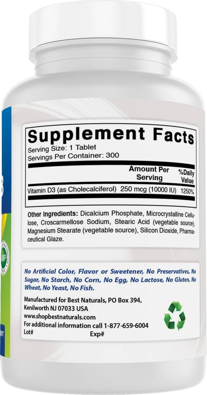 Best Naturals Vitamin D3 10000 IU &ndash; 300 Tablets &ndash; Made in USA, Non-Gmo, Gluten Free, No Artificial Color, Flavor or Preservatives &ndash; Dietary Supplement image number 6