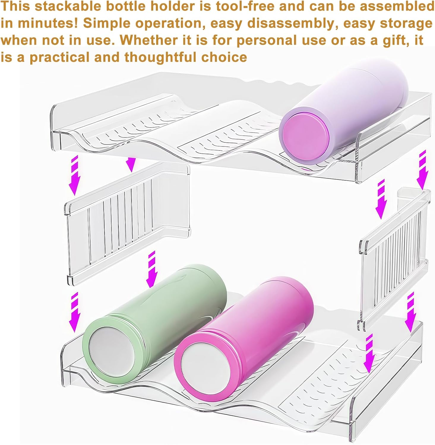 Stackable Bottle Shelf: 3 Pack 9 Bottles Stackable Bottle Rack Bottle Holder Cabinet for Fridge and Cabinet - Space Saving Non-Slip Design for Kitchen, Pantry image number 3