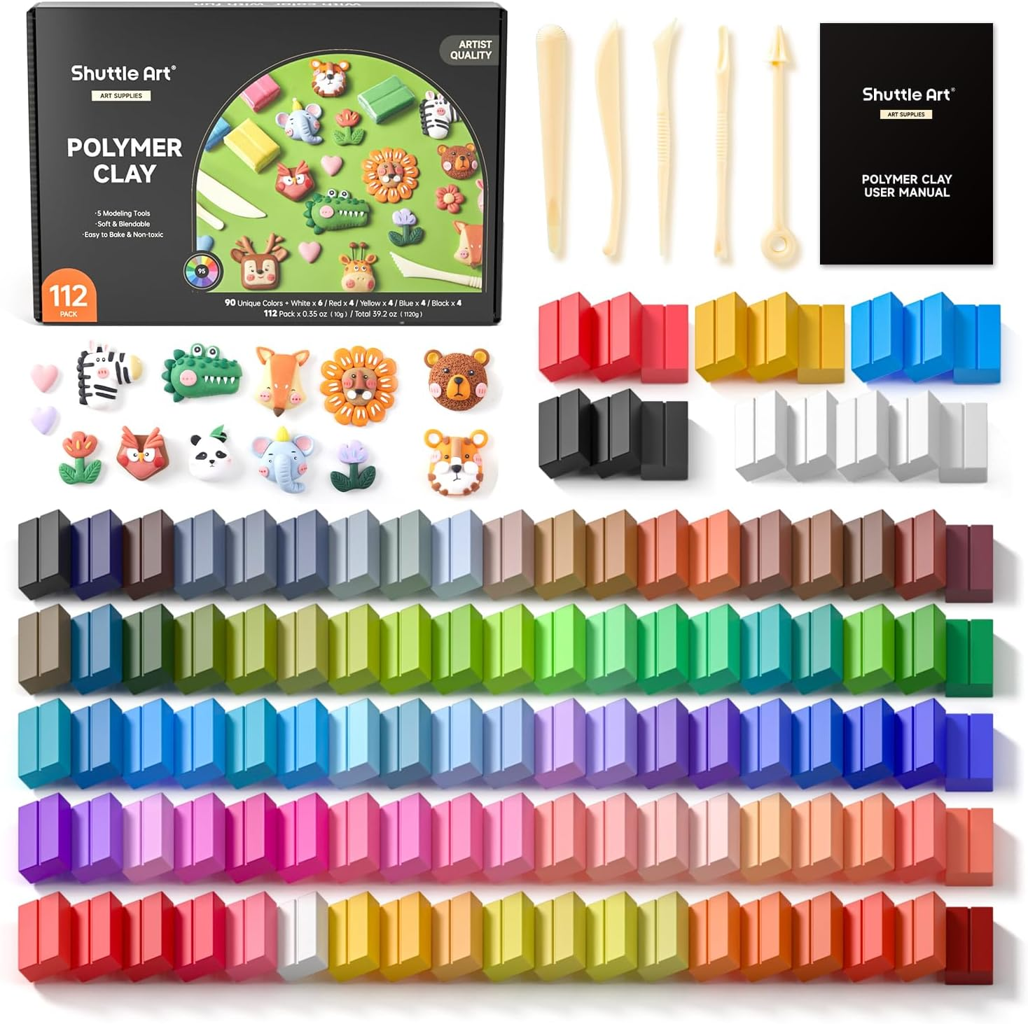 Shuttle Art 117 PCS Small Block Polymer Clay Kit, 95 Unique Colors & Extra Basic Colors, 5 Modeling Clay Tools, Non-Toxic, Non-Sticky, DIY Art Craft for Kids Beginners image number 1