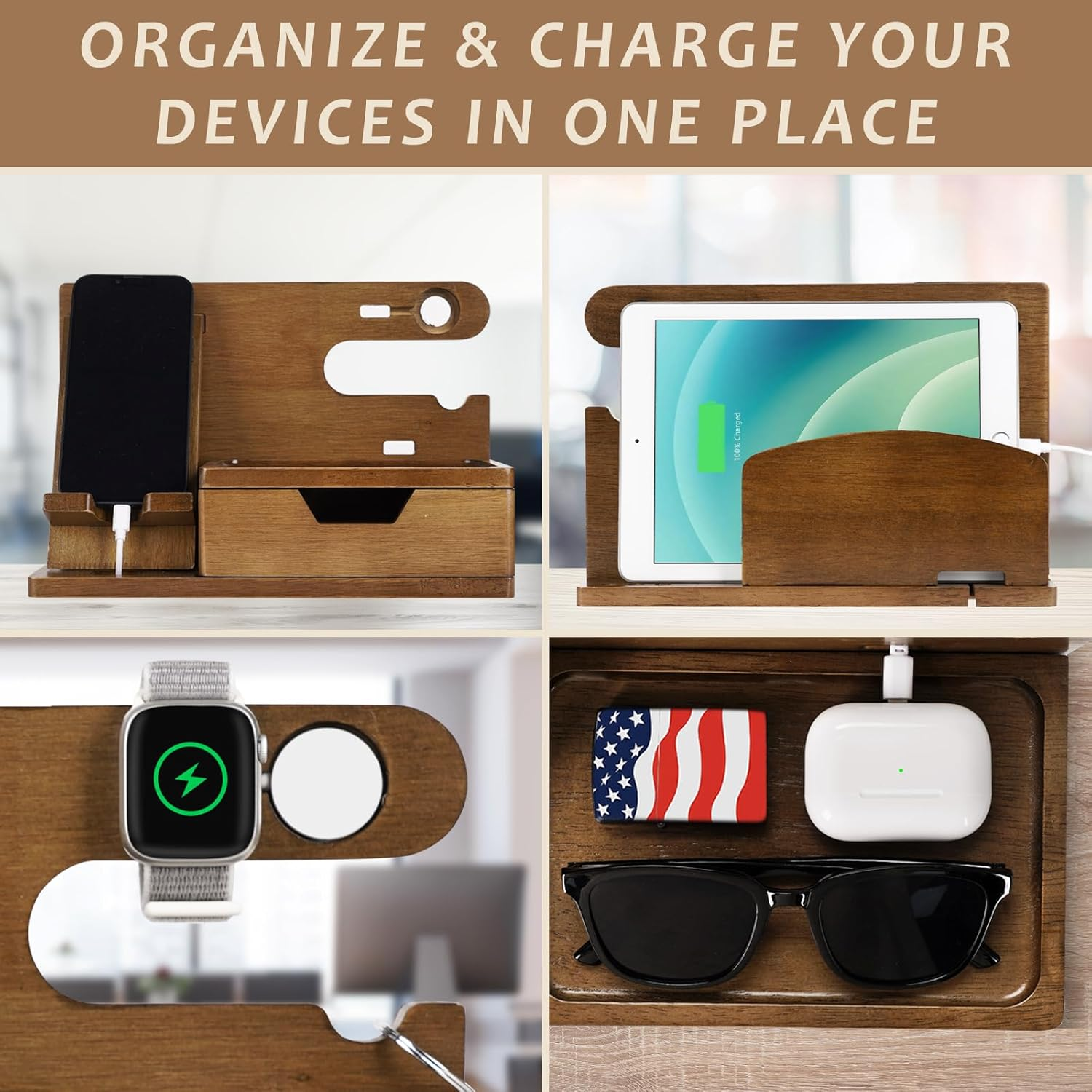 Fathers Day Dad Gifts from Daughter Son Wife, Wood Phone Docking Station with Drawer, Birthday Anniversary Men Him Husband Boyfriend Gifts from Girlfriend, Mens Nightstand Organizer Presents Ideas image number 2