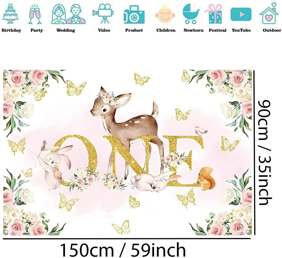 1St Birthday Decorations for Girls Happy 1St Birthday Backdrop Banner Party Happy 1 Year Old Fabric Sign Poster, Floral and Deer Background First Birthday Party Supplies, 150X90Cm image number 2