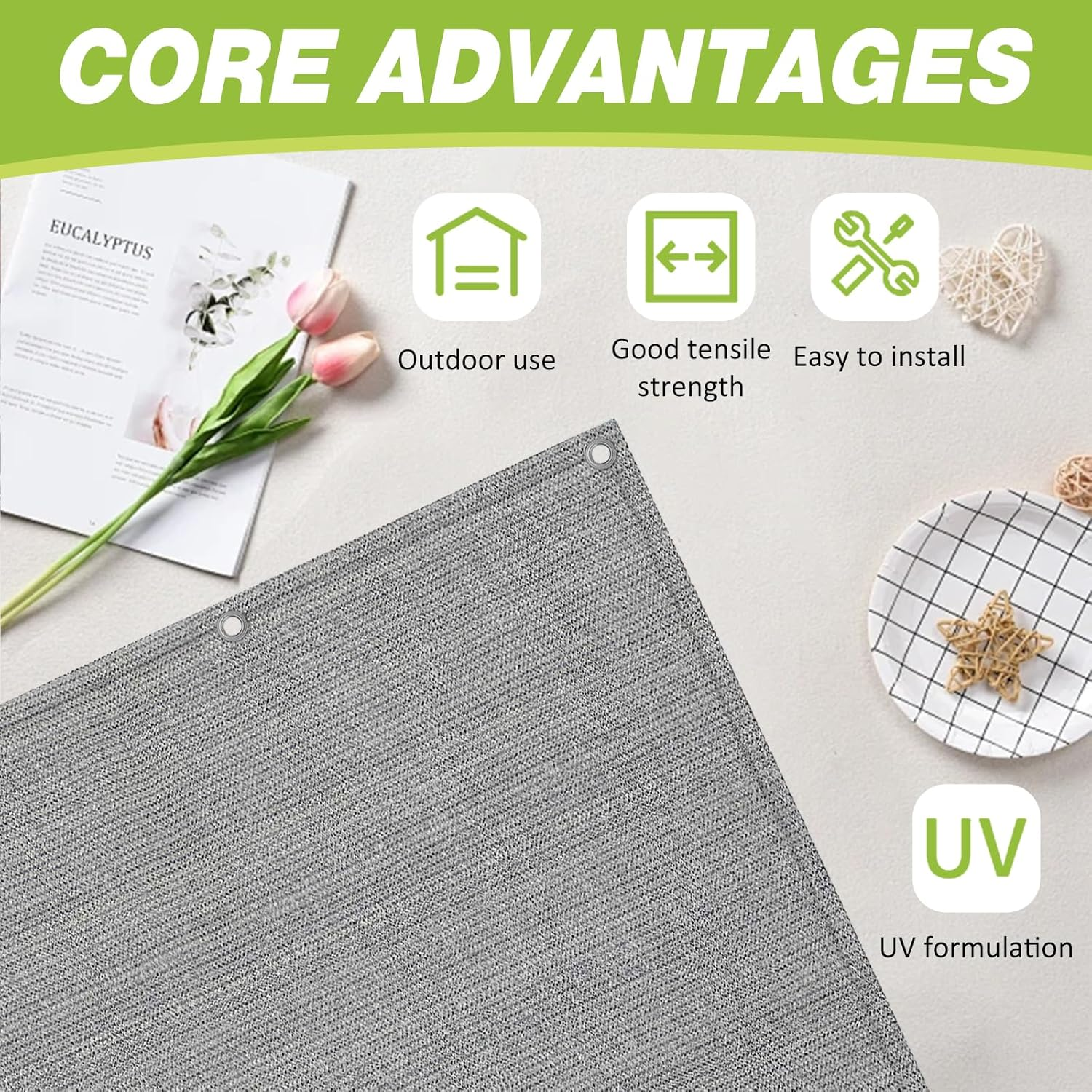 Balcony Privacy Screen, 0.9 X 5M Weather Resistant Woven Balcony Windscreen, Pre-Opened Outdoor Balcony Net Fence Mesh for Lanyard (Grey) - Black image number 5