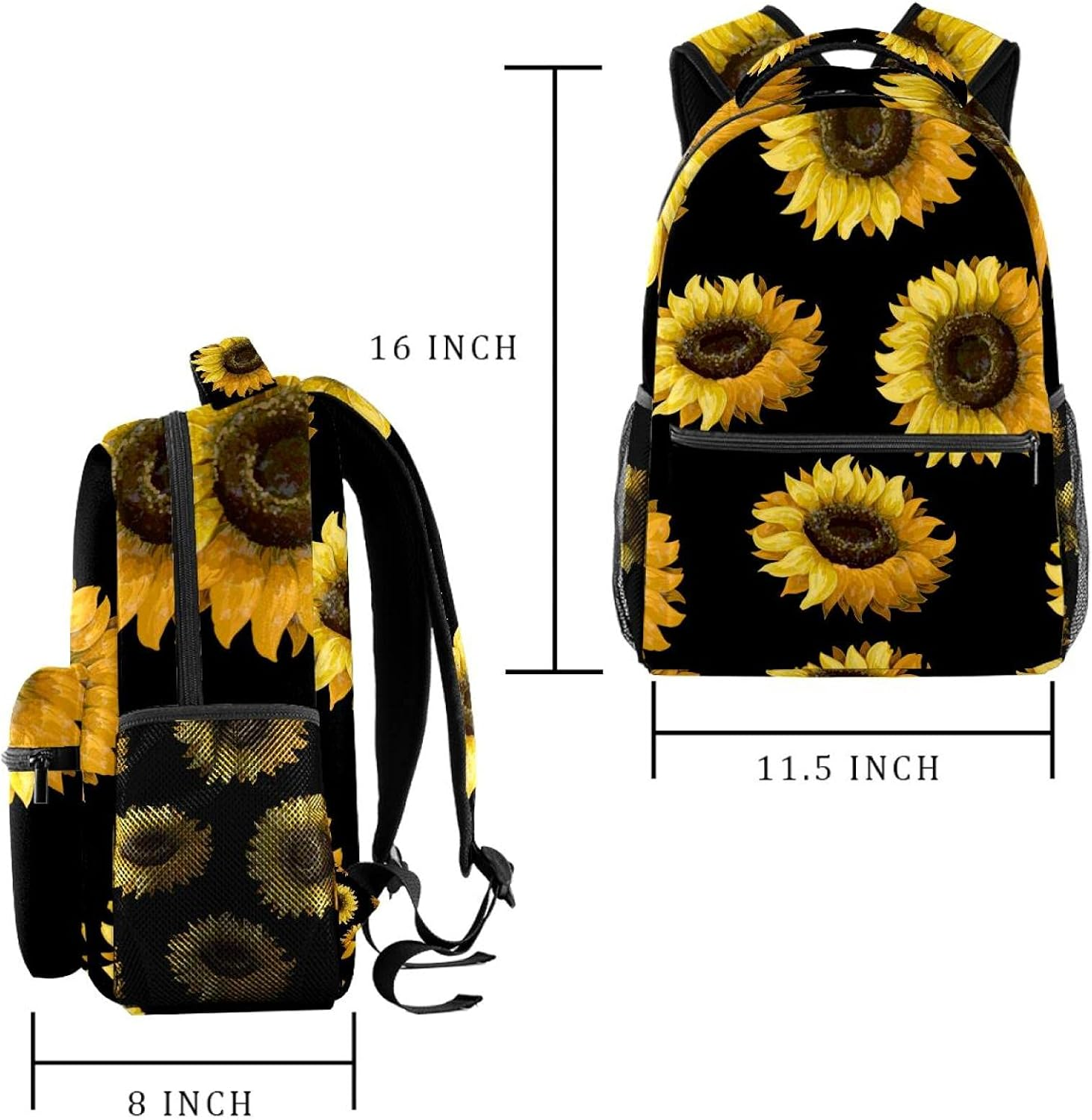Sunflowers on a Black Background Backpack Students Shoulder Bags Travel Bag College School Tote Backpacks image number 1
