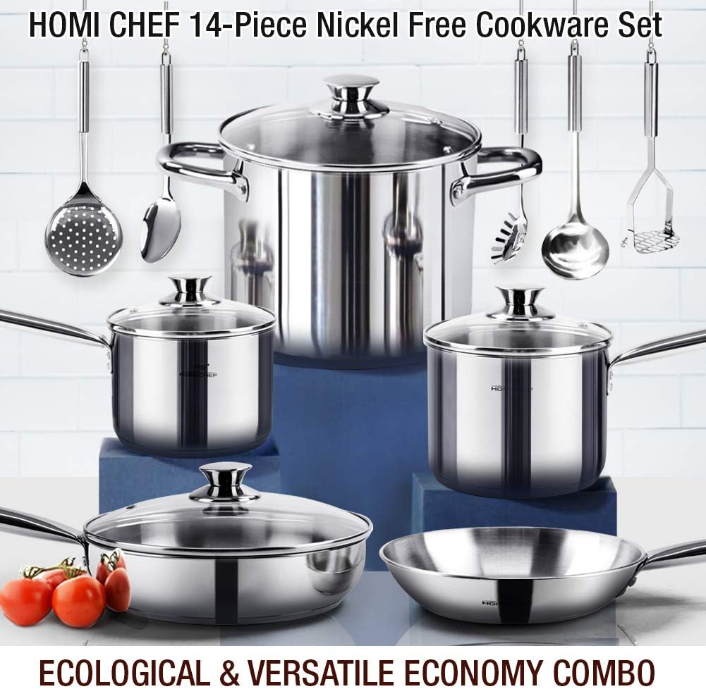 HOMI Chef 14-Piece Nickel Free Stainless Steel Cookware Set - Nickel Free Stainless Steel Pots and Pans Set - Stainless Steel Non-Toxic Cookware Set - Stainless Steel Healthy Induction Cookware Sets image number 1