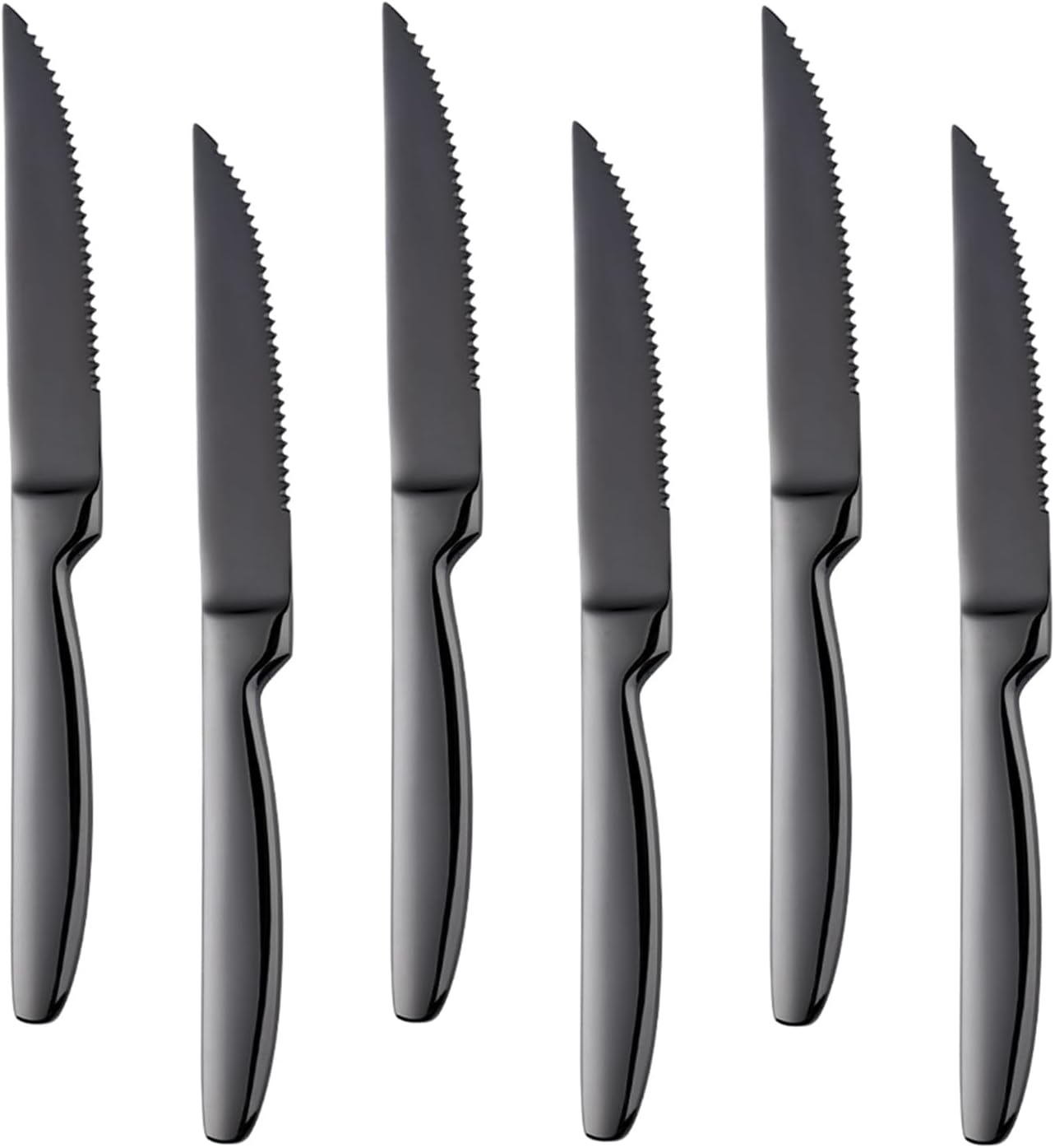 BYEGOU Stainless Steel Serrated Steak Knife Set of 6, Black Color Heacy Duty Dinner Table Knives for Cutting Meat, Beef, 8.6 Inch, Dishwasher Safe
