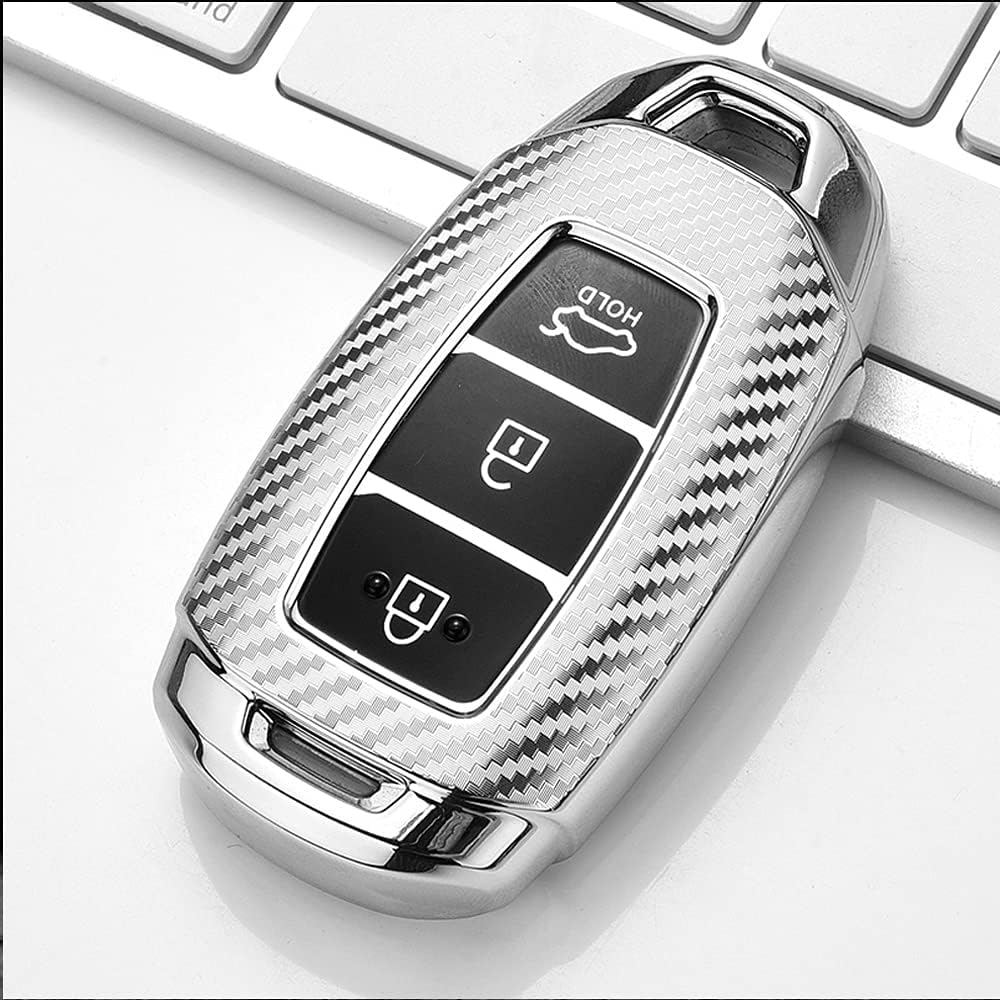 HIBEYO TPU Carbon Fiber Texture Car Key Fob Cover with Keychain Fits for Hyundai Solaris I20 Ix25 Creta Car Key Case Cover - Green image number 5