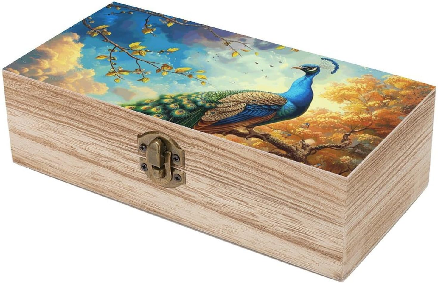 Peacock Wooden Box Wood Wedding Keepsake Boxes with Lids Small Decorative Boxes Lightweight Wooden Memory Storage Box for Crafts Keepsakes Jewelry Photo Letter Storage image number 4