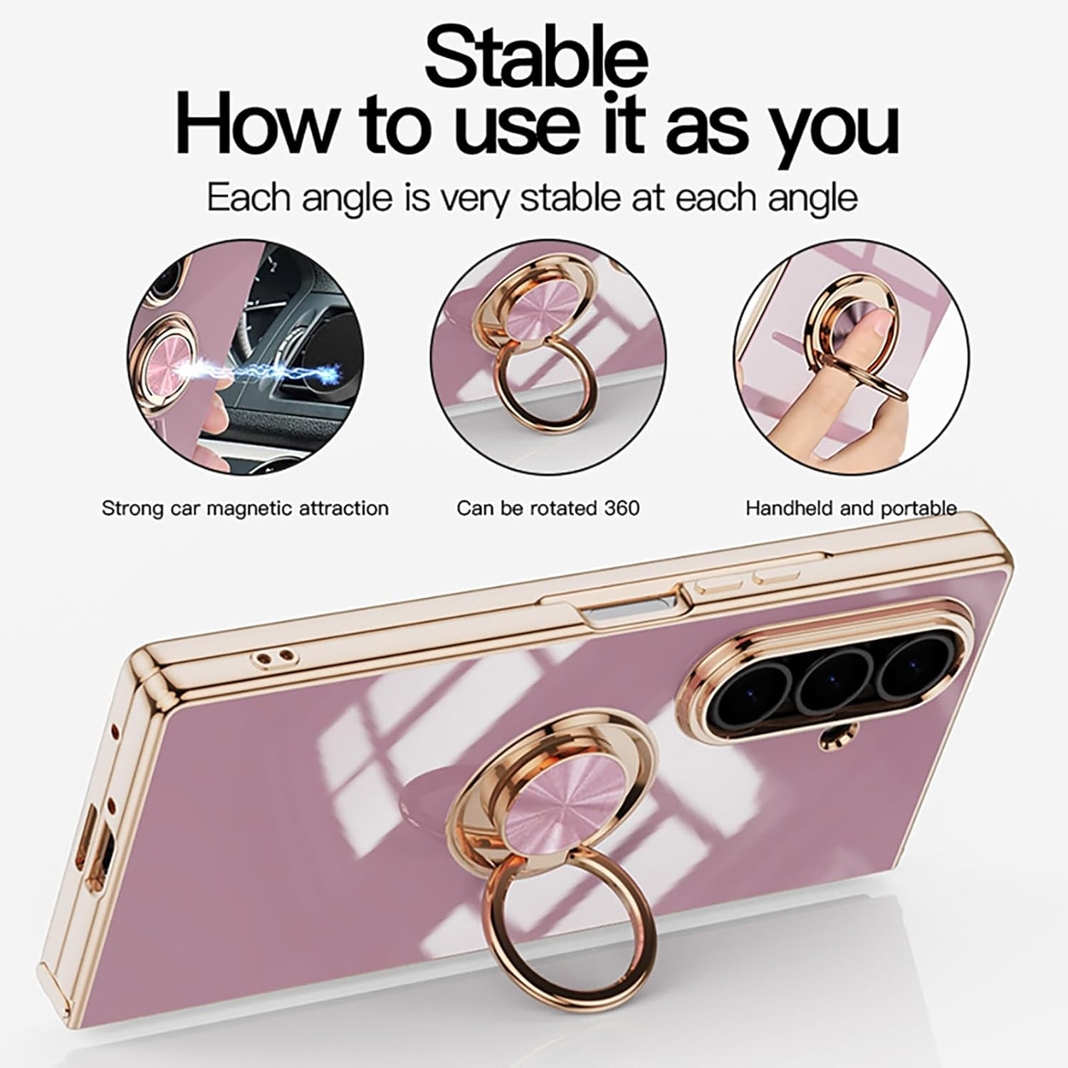 ILING Case for Samsung Galaxy Z Fold 7 with 360 Degree Ring Stand, Luxurious Galvanised Gold Trim, Soft TPU Silicone, Shockproof Protective Case, Ultra Thin Women'S Mobile Phone Case (Black) - Black image number 3