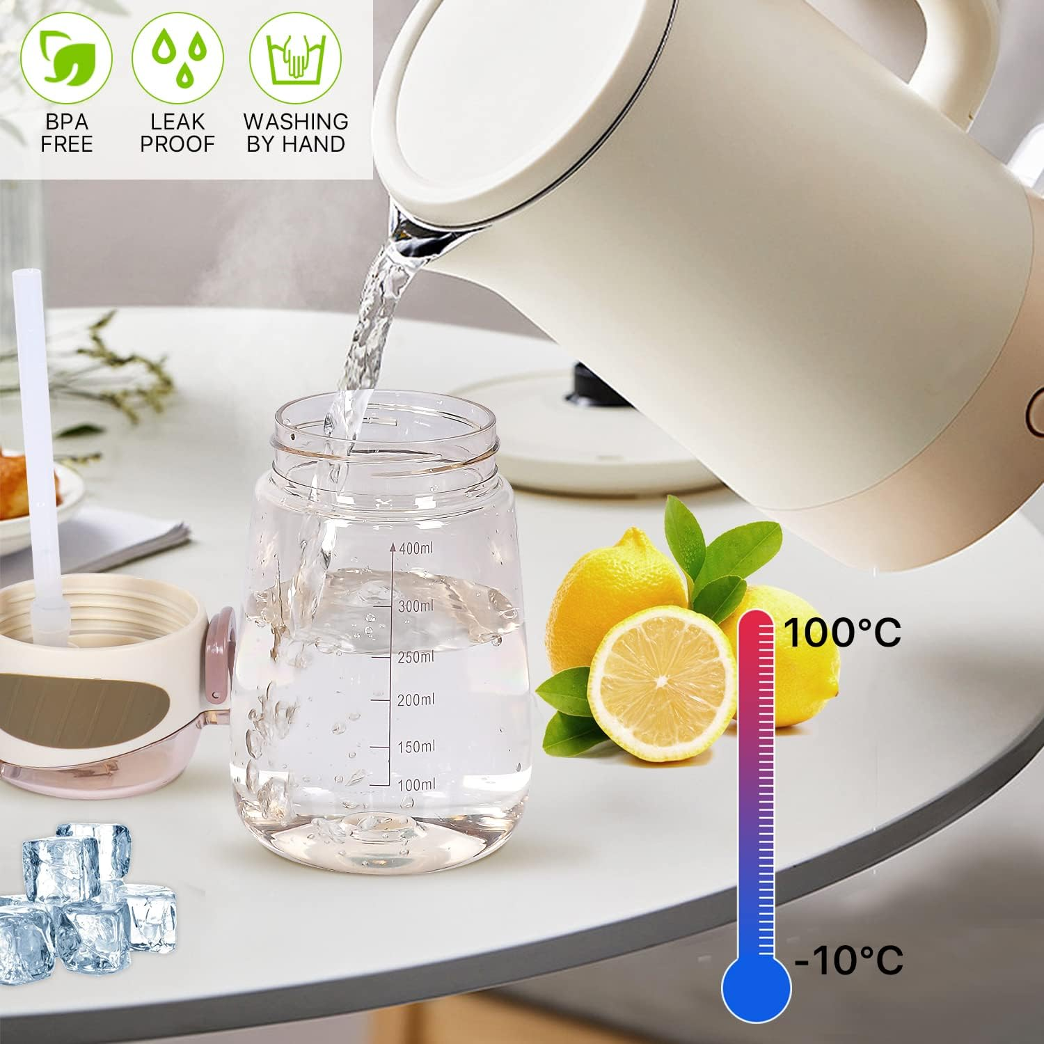 YOBOKO Water Bottle with Straw BPA Free Lightweight 14Oz Water Drinking Bottle with Handle Wide Mouth Leak Proof Cute Straw Bottle for Boys Girls Adults (Grey.) image number 3