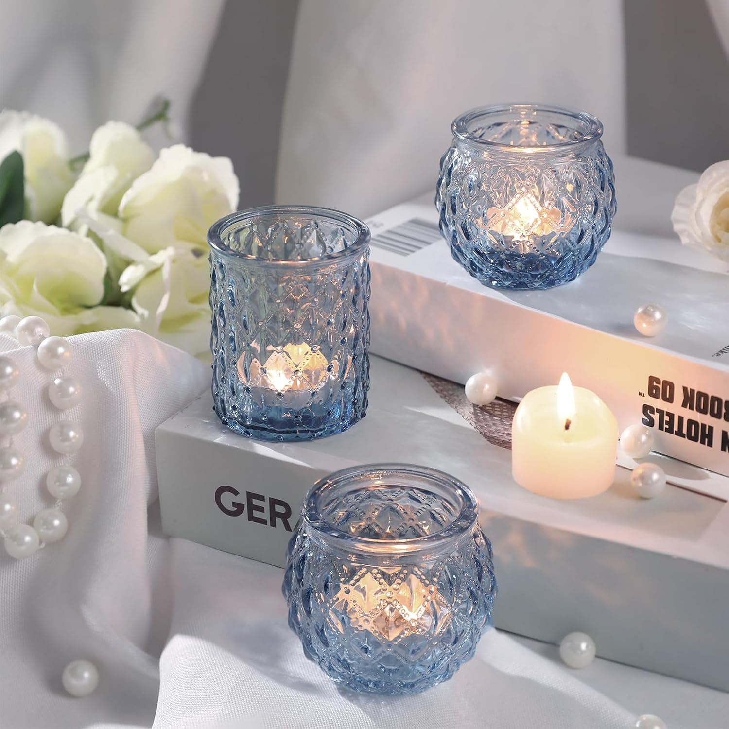 DARJEN Blue Glass Votive Candle Holders Set of 24 - round Tea Lights for Wedding, Shower, Party & Gift image number 2