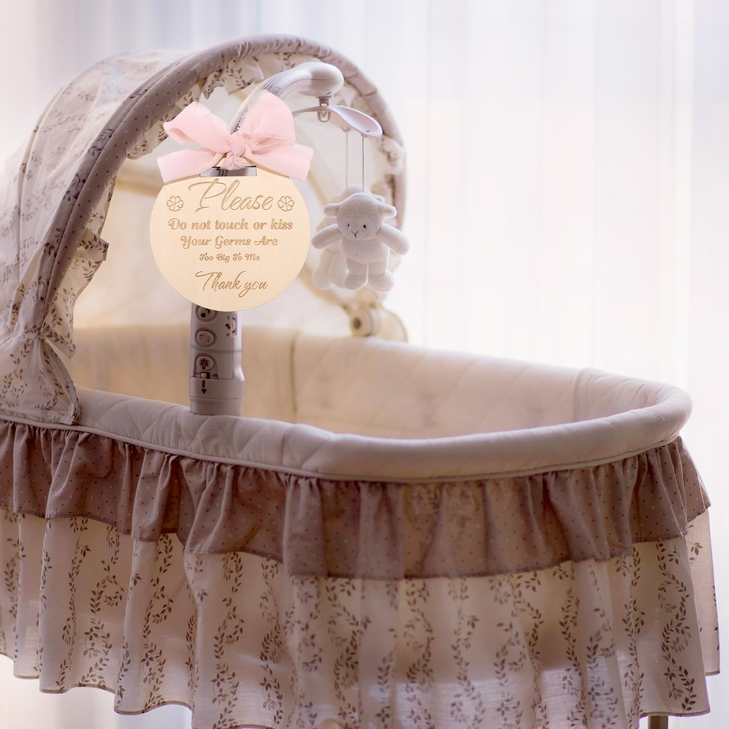 Please Do Not Touch or Kiss Baby Sign, round Please Don&rsquo;T Touch Baby Sign with Ribbon Wooden No Touching Car Seat Tag for Newborn Strollers