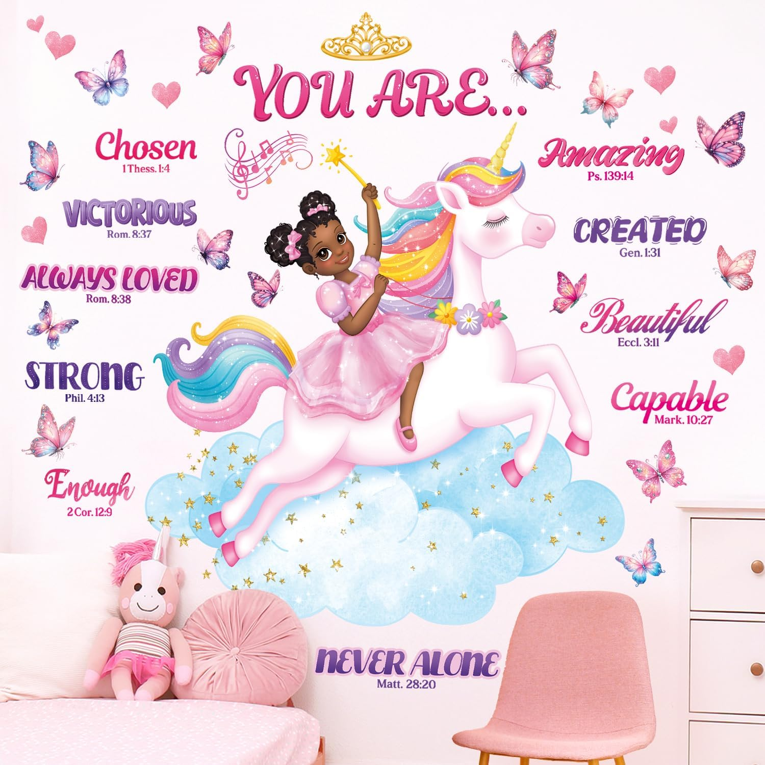 DECOWALL SG2-2503 Black Girl Unicorn Bible Verse Wall Stickers Decals Inspirational Girls Bedroom Nursery Peel and Stick Princess Decor Butterflies Kids Baby Removable Home Art Quotes image number 2