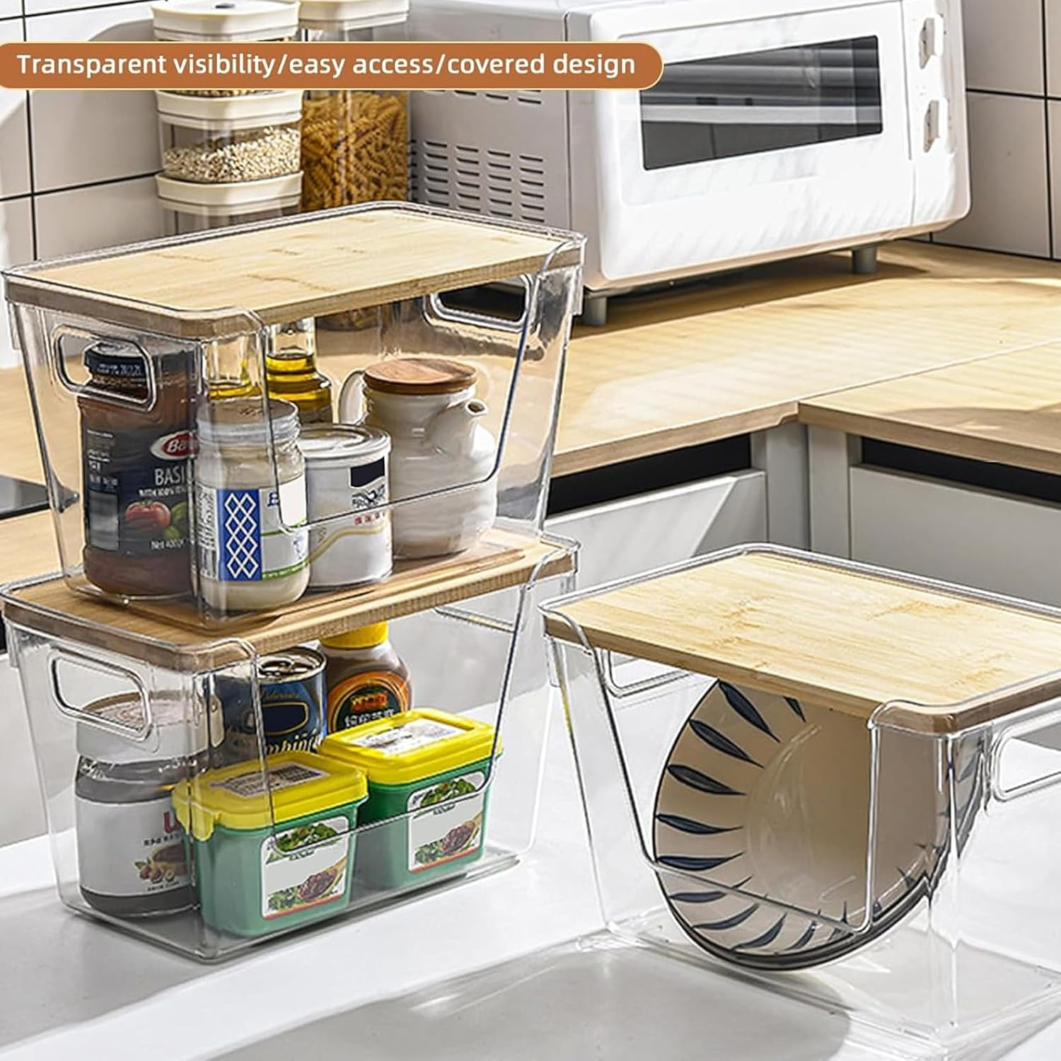 3 Set Pantry Organizer and Stackable Storage Kitchen Counter Organizers with Lid & Handle Sturdy and Durable Storage Basket for Potato, Onion, Garlic, Fruit, Vegetable, Produce image number 4