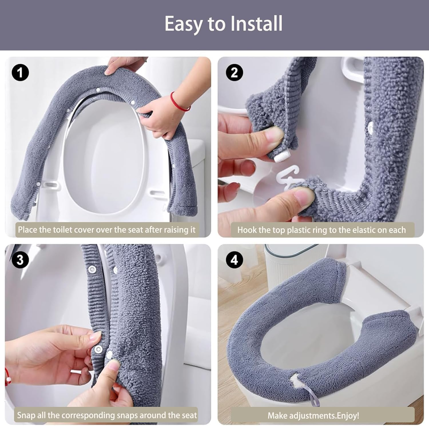 Toilet Seat Covers-3 Pieces Warmer Toilet Seat Cover with Snap-Button Fastening,Stretchable Fits for All Shape Toilet Seats,Easy Installation Washable and Reusable image number 5