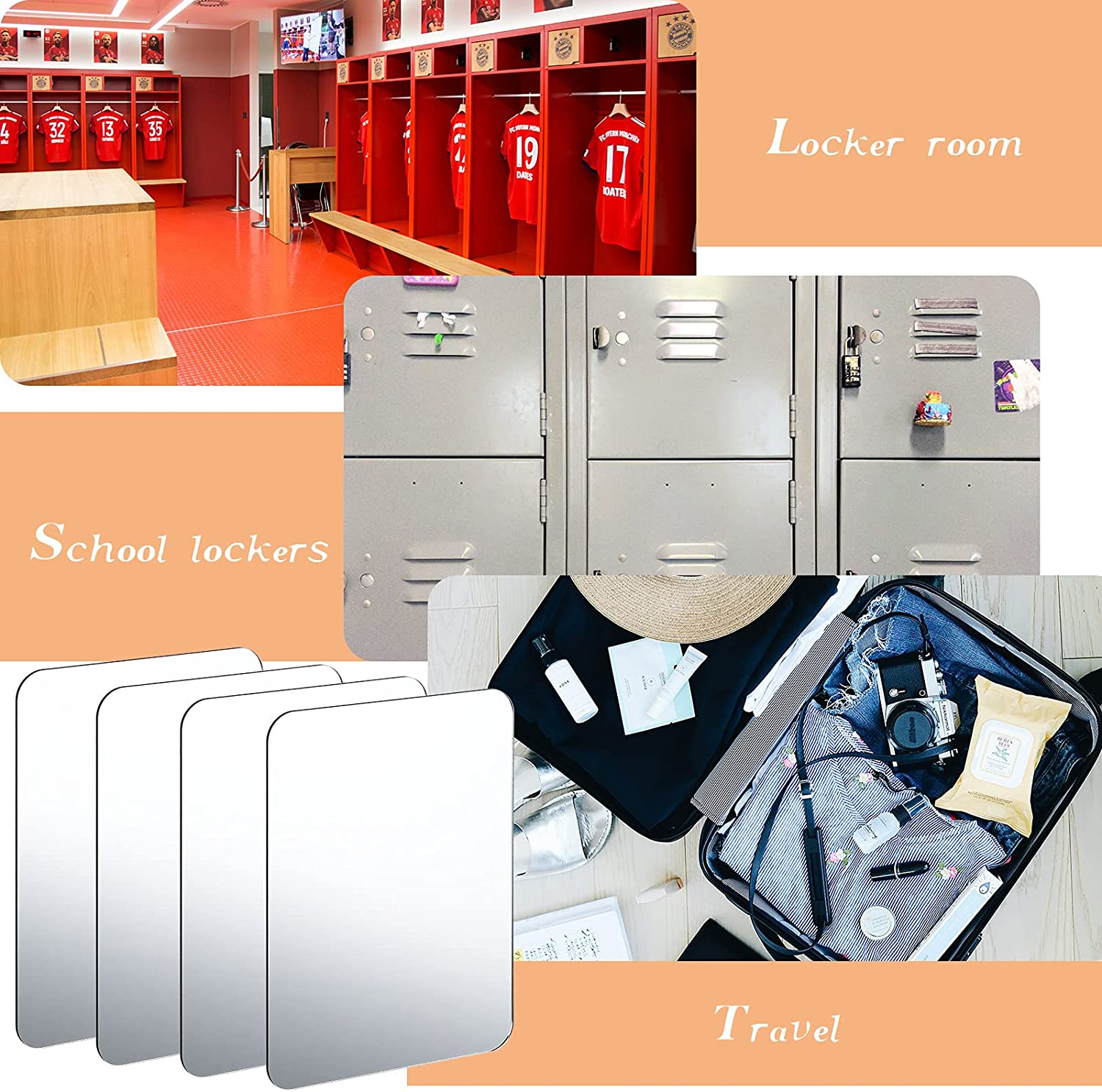 Queekay 4 Pieces Locker Mirror Acrylic Mirror 5.1 X 7.1 Inch Rounded Corner Unbreakable Mirror Acrylic Mirror Wall Decor with Magnet Magnetic for School Living Room Office Bathroom Home Decoration image number 5