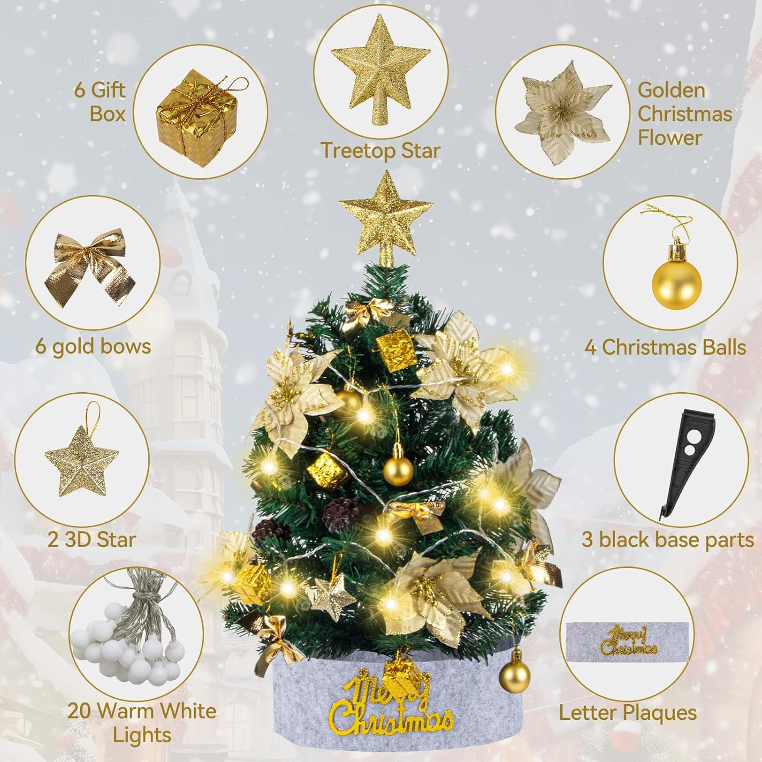 Ninonly 60CM Mini Christmas Tree with 20 LED Lights, Artificial Small Tabletop Flocked Christmas Tree with Star Tree Topper, Flower, Gift Box, Ball, Xmas Tree Decorations for Christmas Decor image number 6