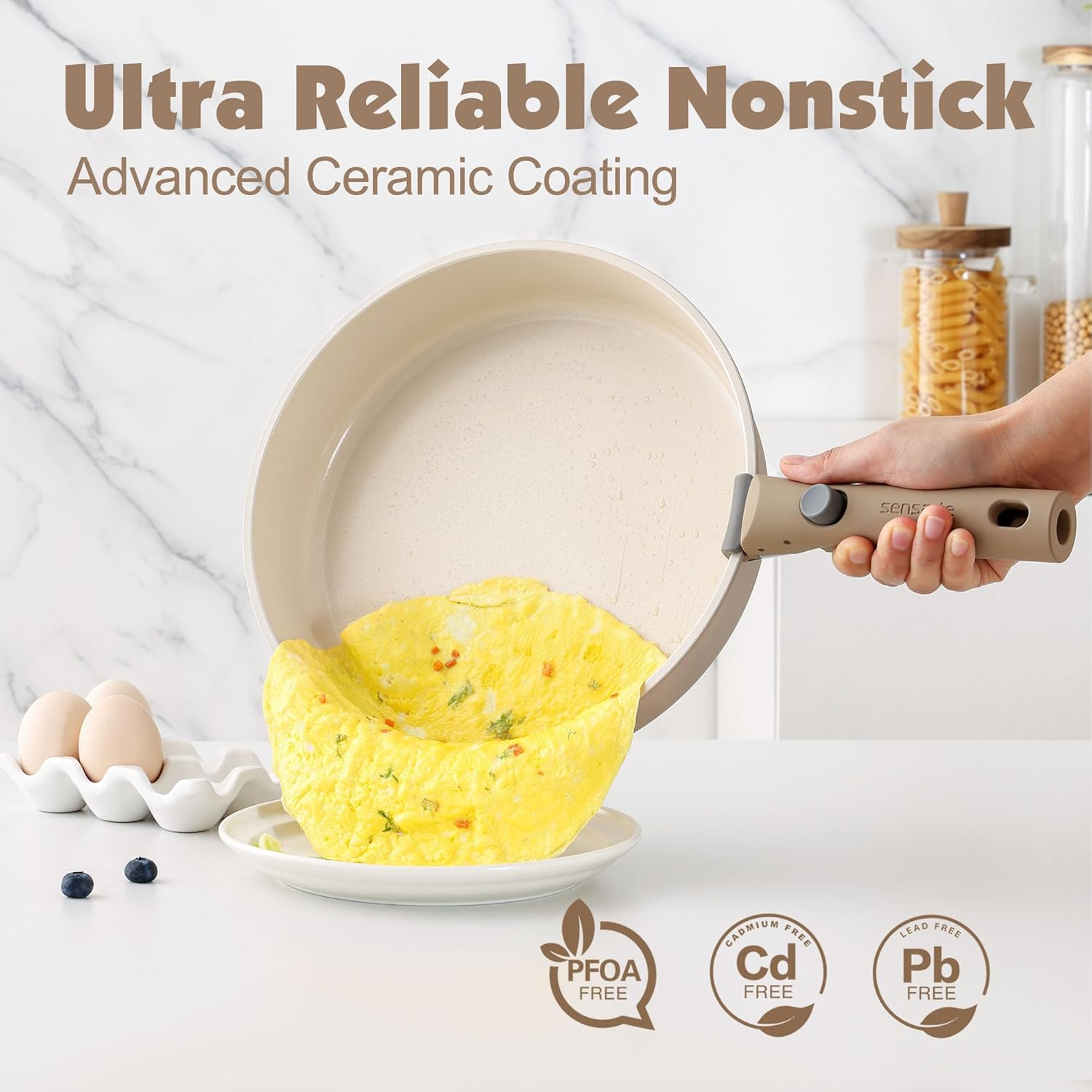 SENSARTE 17 Piece Ceramic Pots and Pans Set, Nonstick Detachable Handle Cookware, Induction Kitchen Cookware Set with Removable Handle, Dishwasher ＆ Oven Safe, PFAS/PTFE/PFOA Free (Almond Beige) image number 5