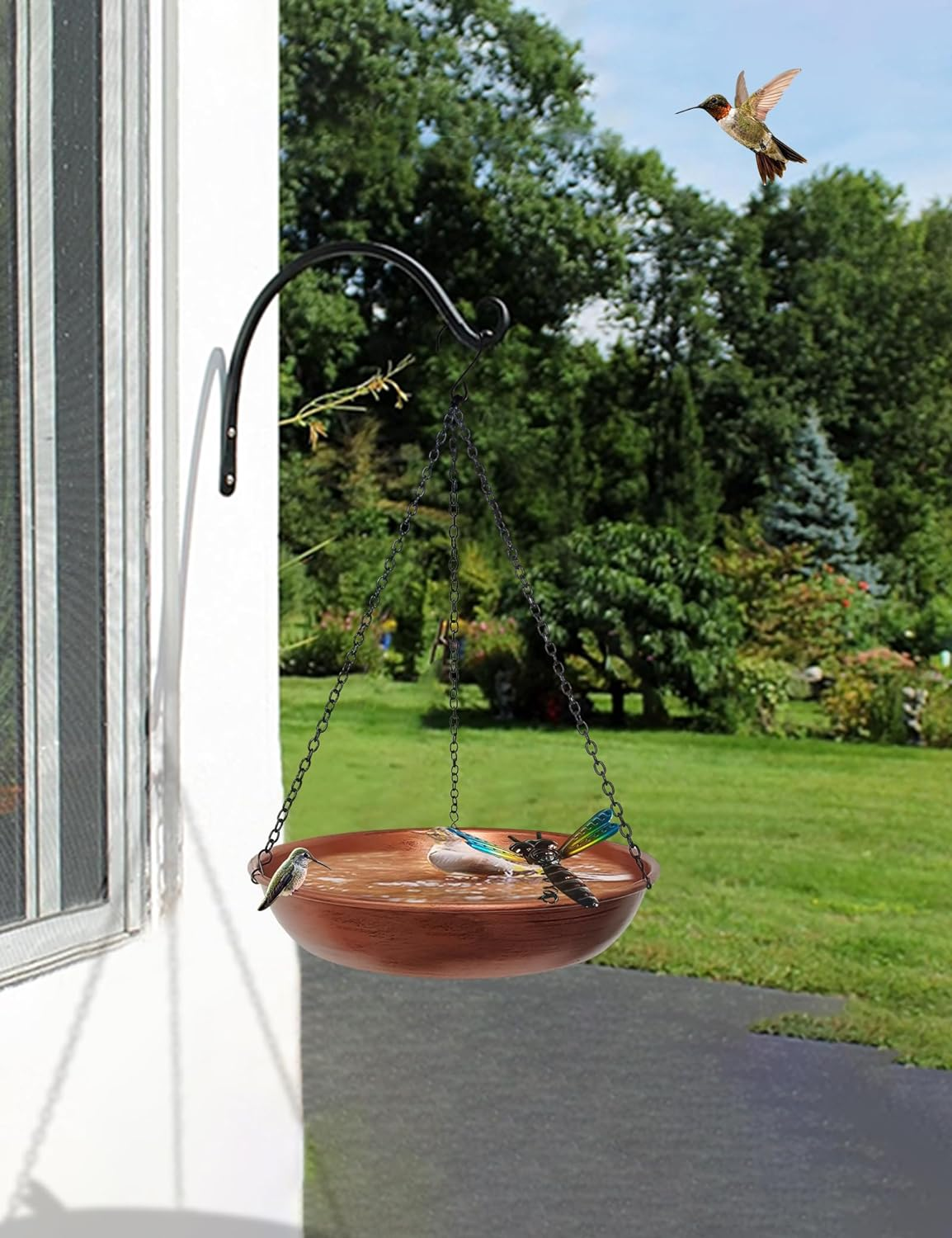 Hanging Birdbath Bird Feeder for Outdoor 11&rdquo; Antique Copper Cute Small Metal Bird Bath Bowl with Detachable Black Chain Metal Dragonfly for Garden Backyard Decor image number 4