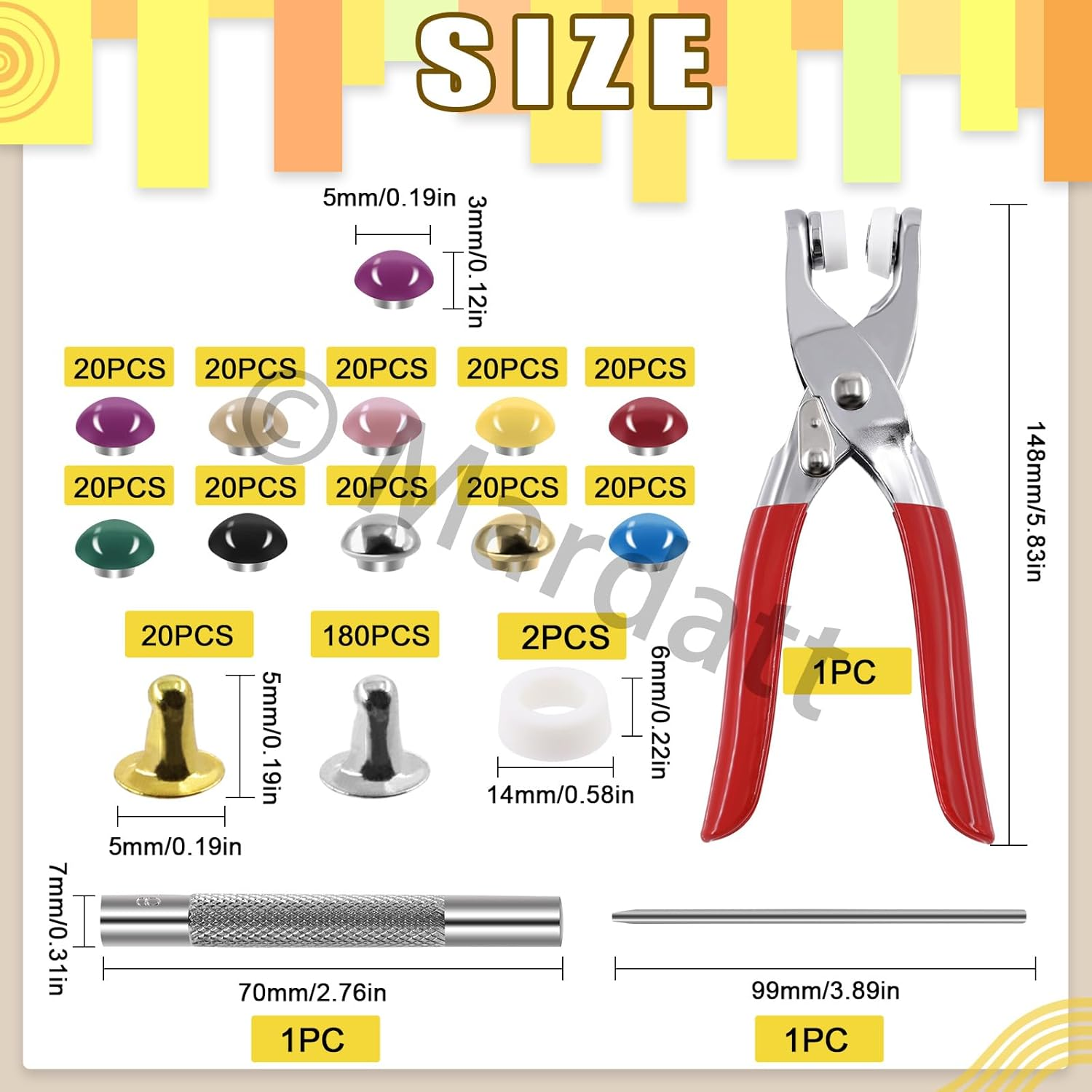 Mardatt 200 Sets 5Mm Double round Cap Leather Rivets with Fixing Tools, 10 Colors Caps Leather Rivets Metal Studs Leather Rivet Dome Rivets for Leather Craft DIY Decoration image number 1