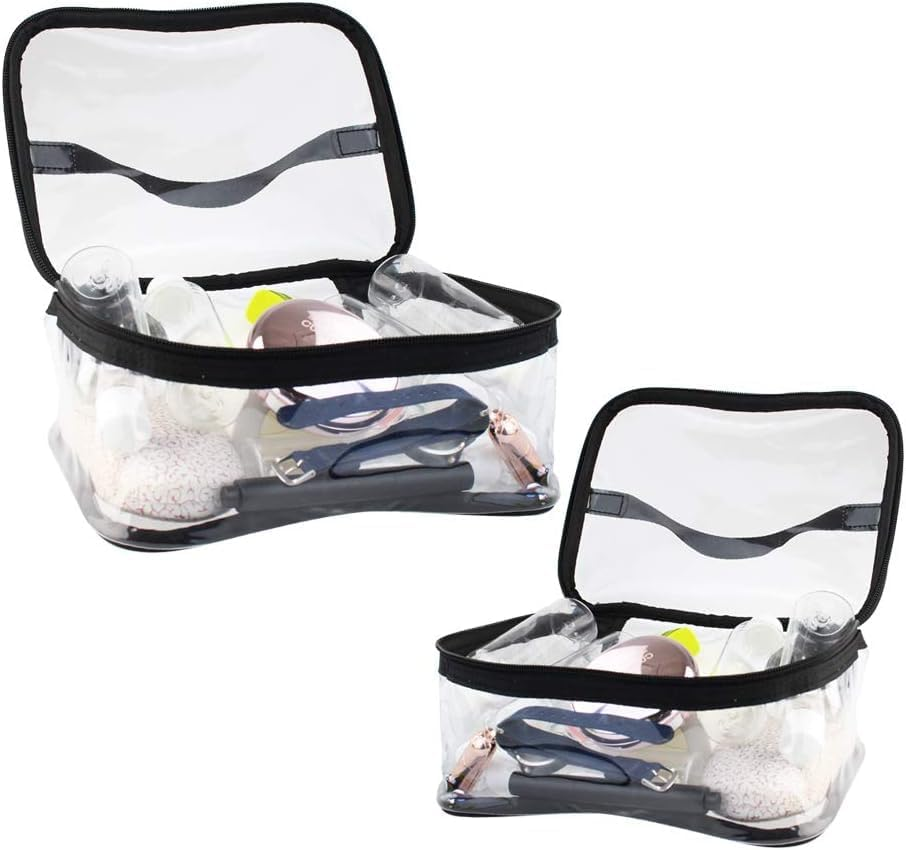2 Pack Portable Clear Makeup Bag Zipper Waterproof Cosmetics Bag Transparent Travel Storage Carry Pouch PVC Zippered Toiletry Bag Organizers with Handle for Vacation Travel (Black, 23 * 17 * 11CM) image number 1
