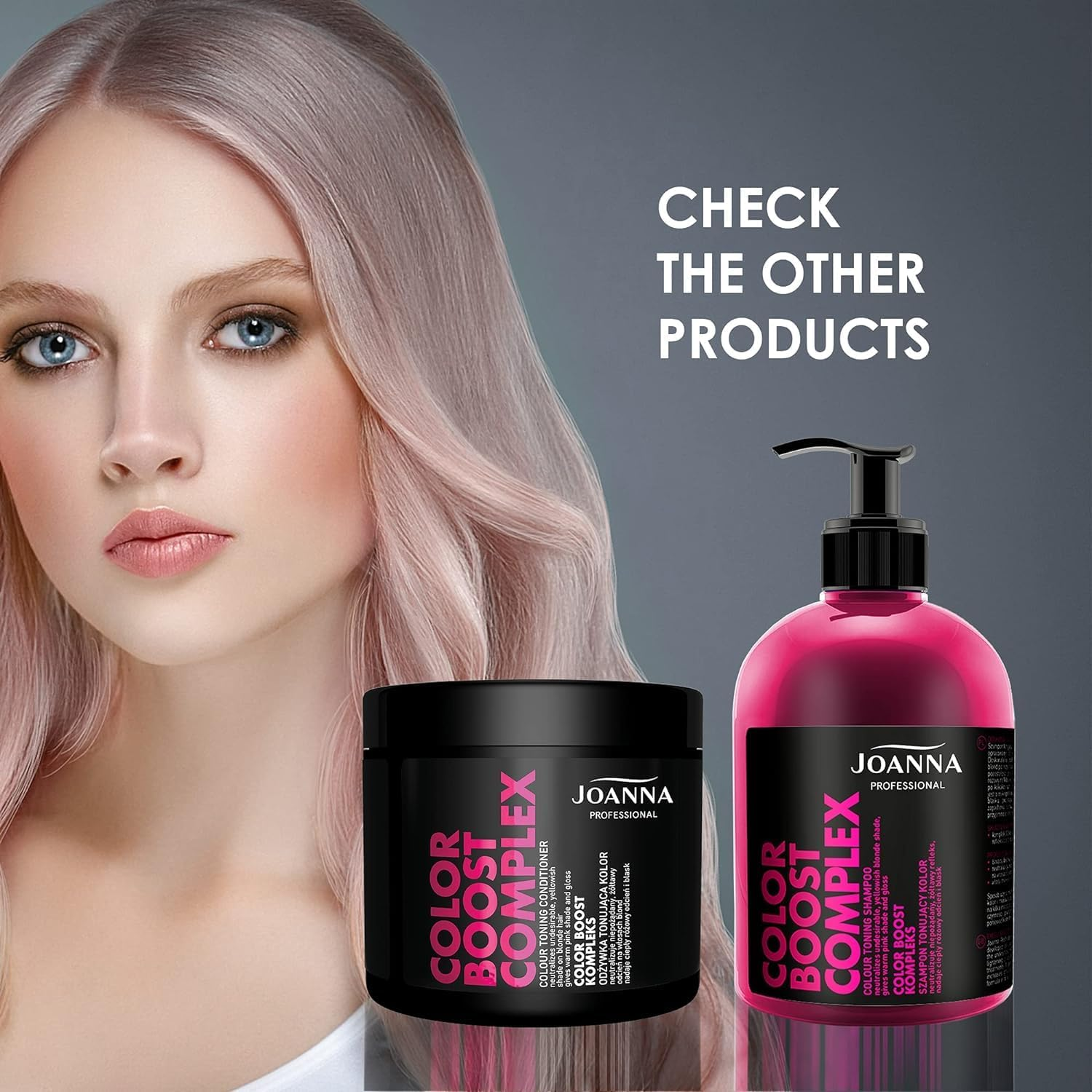 JOANNA Professional Color Boost Complex - Shampoo and Conditioner Set for Women - Colour-Improving - Neutralisation of Unwanted Yellow Tones - Pink-Grey & Warm Colour Pink image number 4