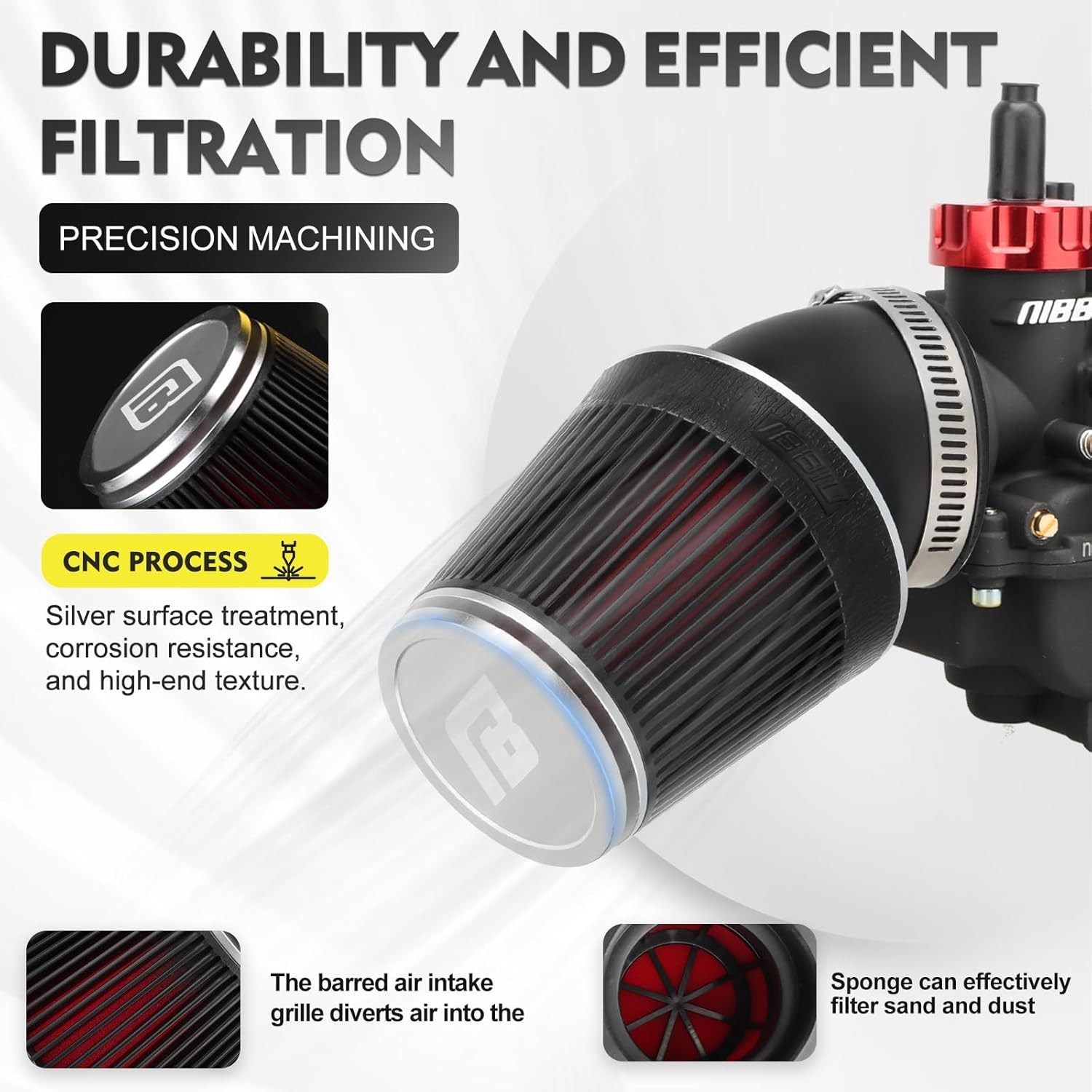 NIBBI PE22FL Carburetor Kit, 22Mm Carburetor with 48Mm Motorcycle CNC Air Filter(Silver)