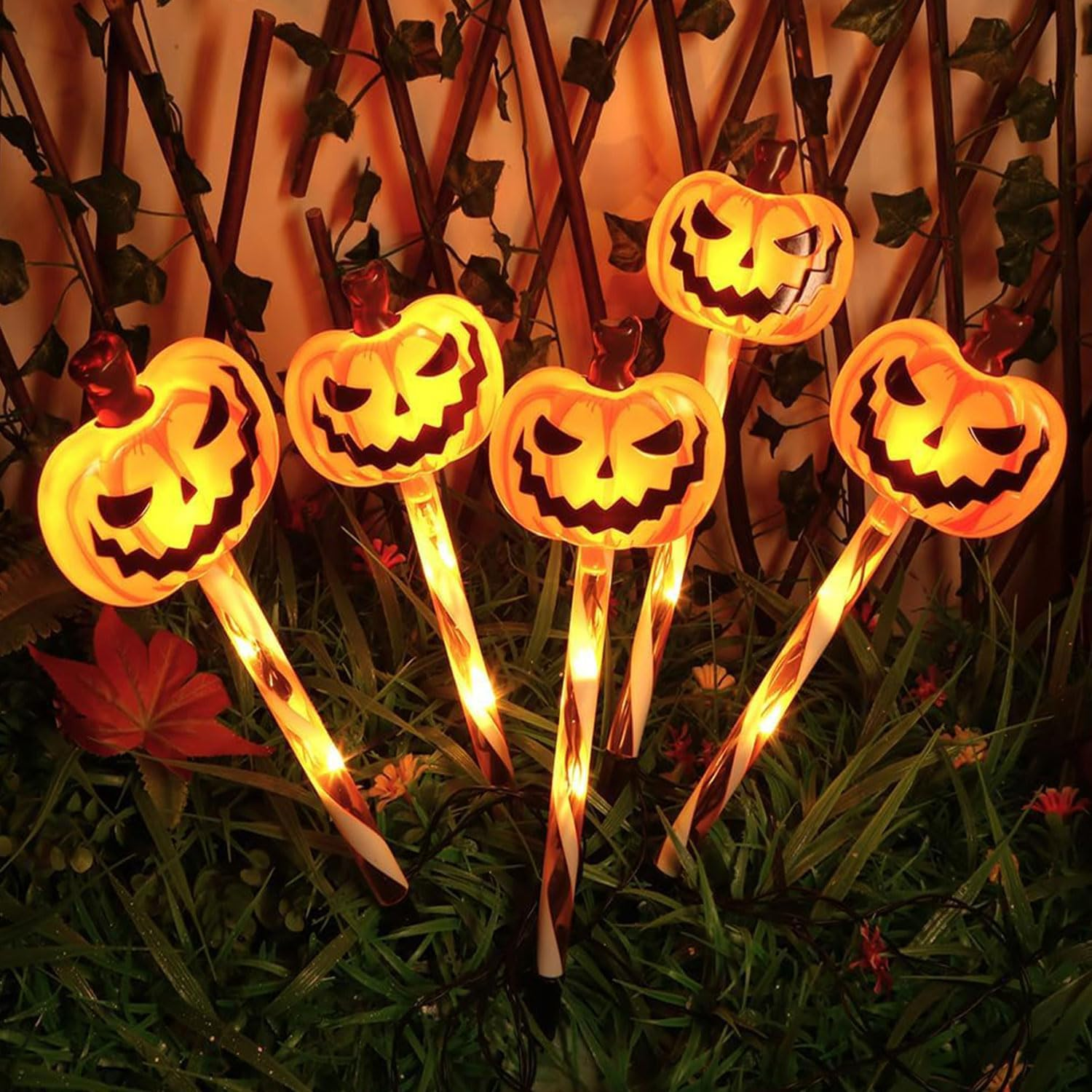 Pack of 5 Halloween Decorative Outdoor Garden, Pumpkin Solar Lights Outdoor, LED Lighting Lantern for Outdoor, Solar Pumpkin Pathway Lights, for Outdoor Party, Tombstone, Home Decor, Lawn Fence, Porch image number 1