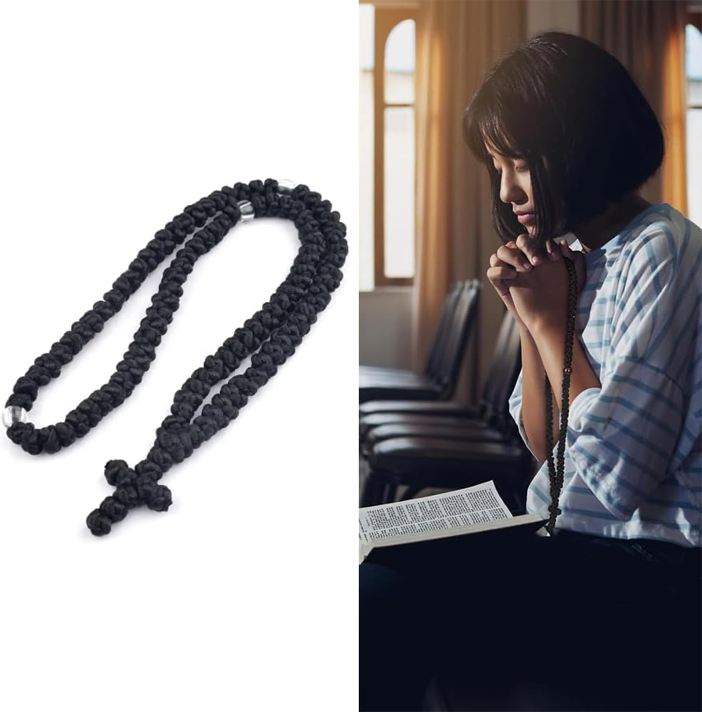NYGHMY 1 Pcs Christian 100-Knot Prayer Rope (Black with Transparent Beads), Handmade Orthodox Prayer Rope with Cross Charm, Spiritual Protection Blessing, Handmade Transparent Bead Prayer Rope image number 4