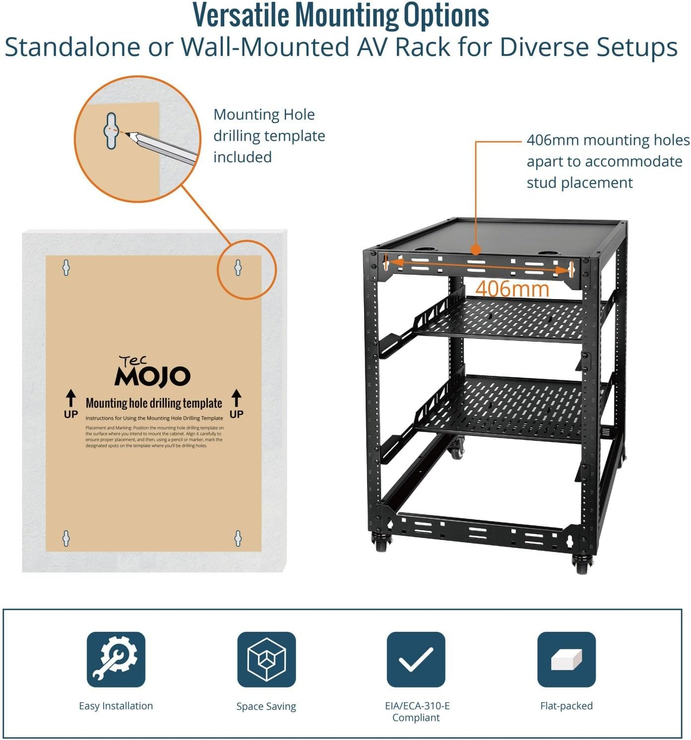16U Open Frame Network Rack for IT &AV Gear, 16RU AV Rack 4-Post with Mobile Casters and 2 PCS Vented 19'' Front Mounting Rack Shelf with Rear Supporting Ears and Anti-Slip Stops & Mounting Hardware