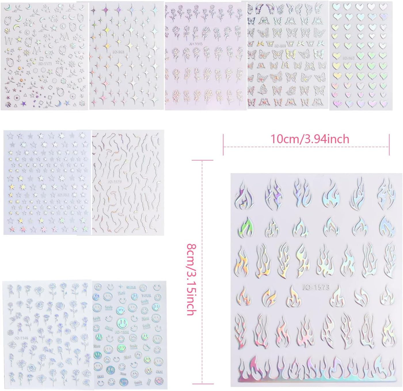 10PCS Nail Art Stickers Aurora Nail Sticker 3D Self Adhesive Holographic Laser Heart Star Moon Flower Butterfly Flame Smiley Rose Glitter Nail Stickers Nails Sticker &Decals for DIY Nail Design Nail
