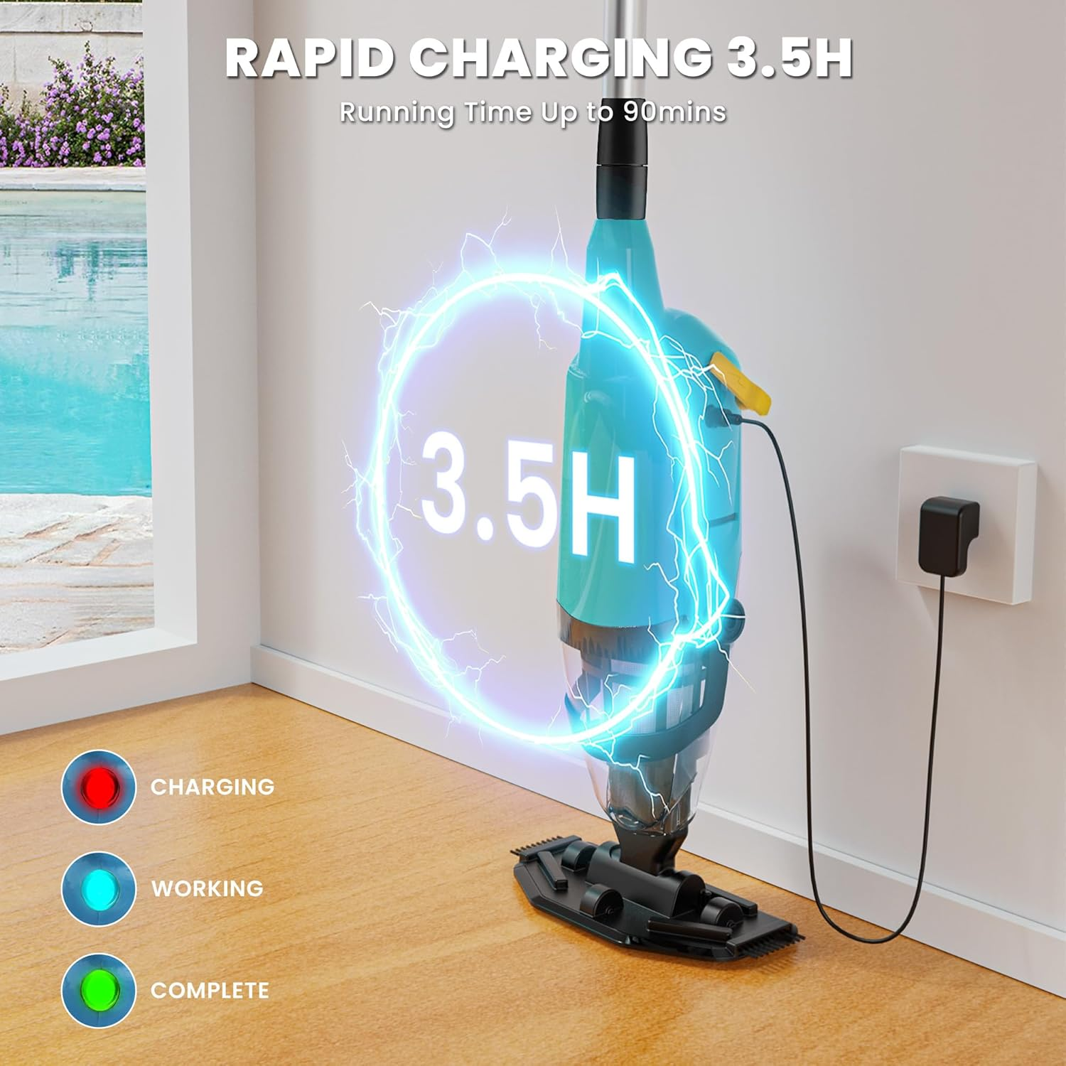 Efurden Pool Vacuum Handheld, Rechargeable Pool Cleaner with Running Time up to 60-Minutes Ideal for above Ground Pools, Spas and Hot Tub for Sand and Debris (Green) image number 1