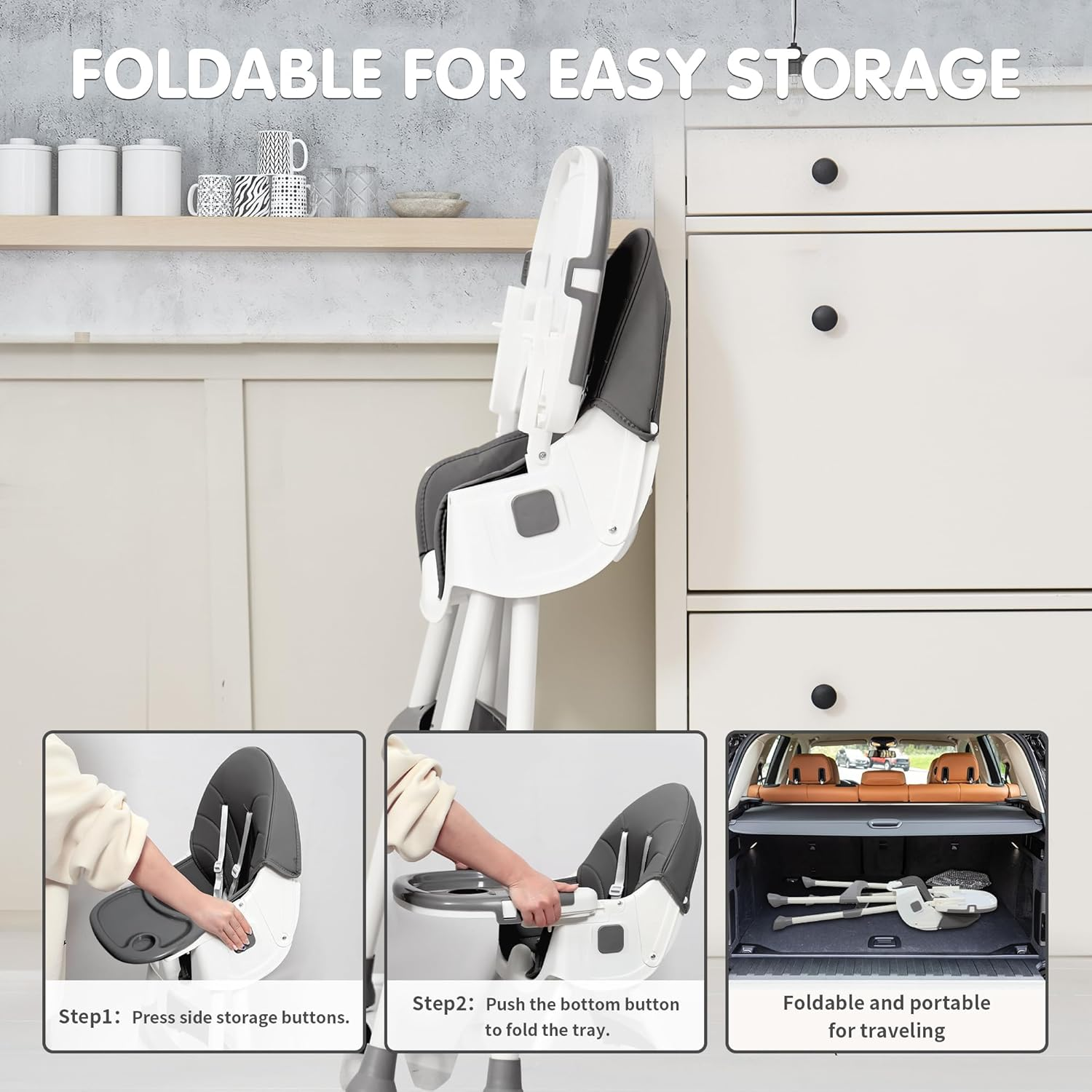 Baby High Chair, 6 in 1 Convertible High Chairs for Babies and Toddlers with 5-Point Safety Harness, Foldable High Chair for Space-Saving, Adjustable Dining Tray, Backrest & Height, Easy to Clean Surface