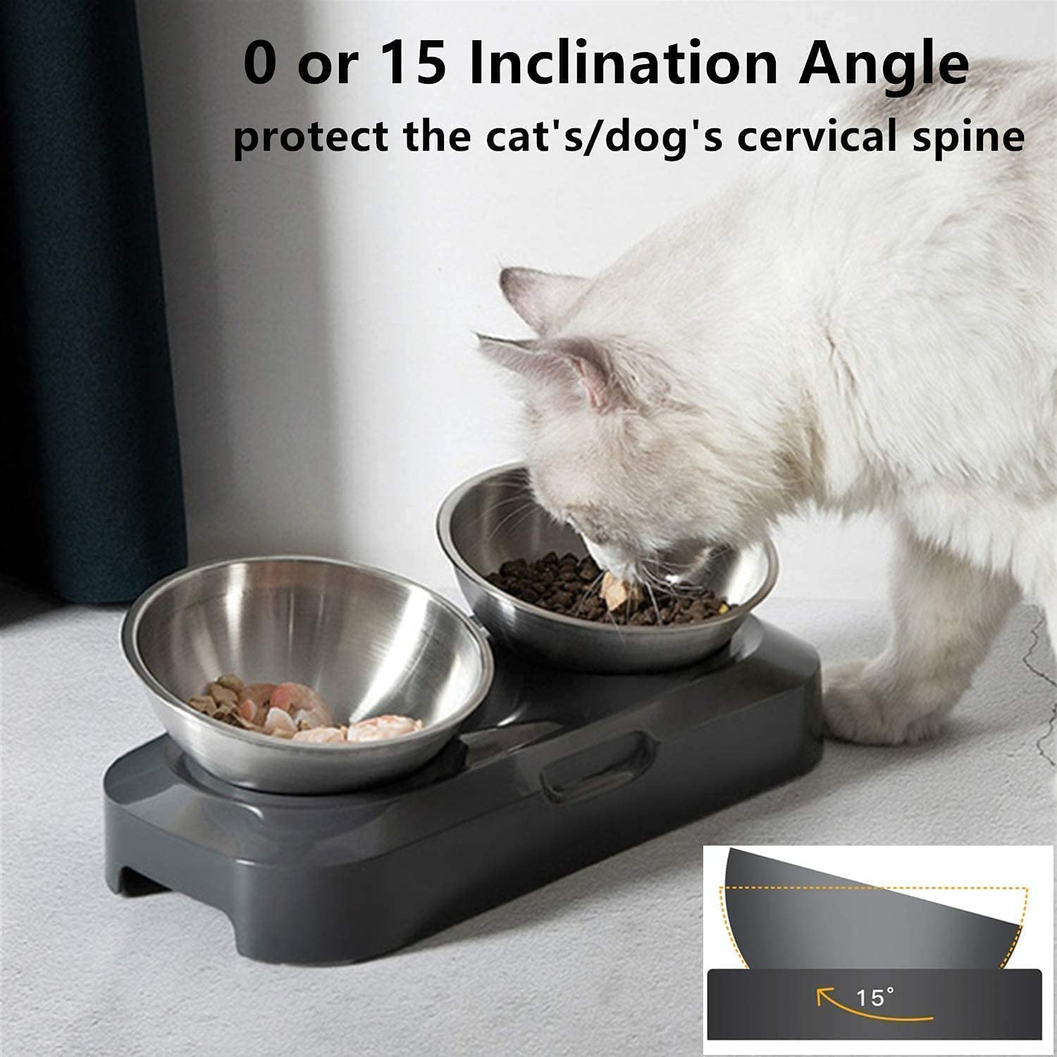 Hiumotan Cat Bowl with Stainless Steel, Non-Slip Silicone Mat Cat Feeder with 0 &15&deg; Tilting Neck Protective Bowl for Pets, Cats and Puppies Food and Water Feeding image number 6