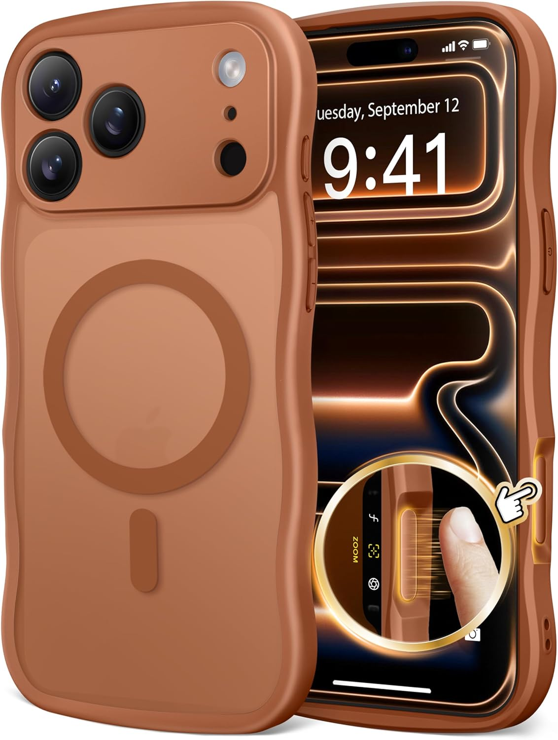 CAPRARO Magnetic for Iphone 17 Pro Max Case for Women Girls, Upgraded [Full Camera Protection] [Compatible with Magsafe] Cute Wave Translucent Matte Phone Case for Iphone 17 Pro Max, Dark Orange image number 3