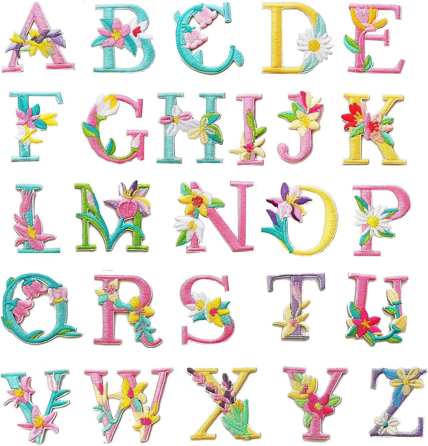 Iron on Letter Patches, 2 Sets (52 Pieces) A-Z Flower Embroidery Alphabet Patches for Clothing Backpacks Hats Shirts
