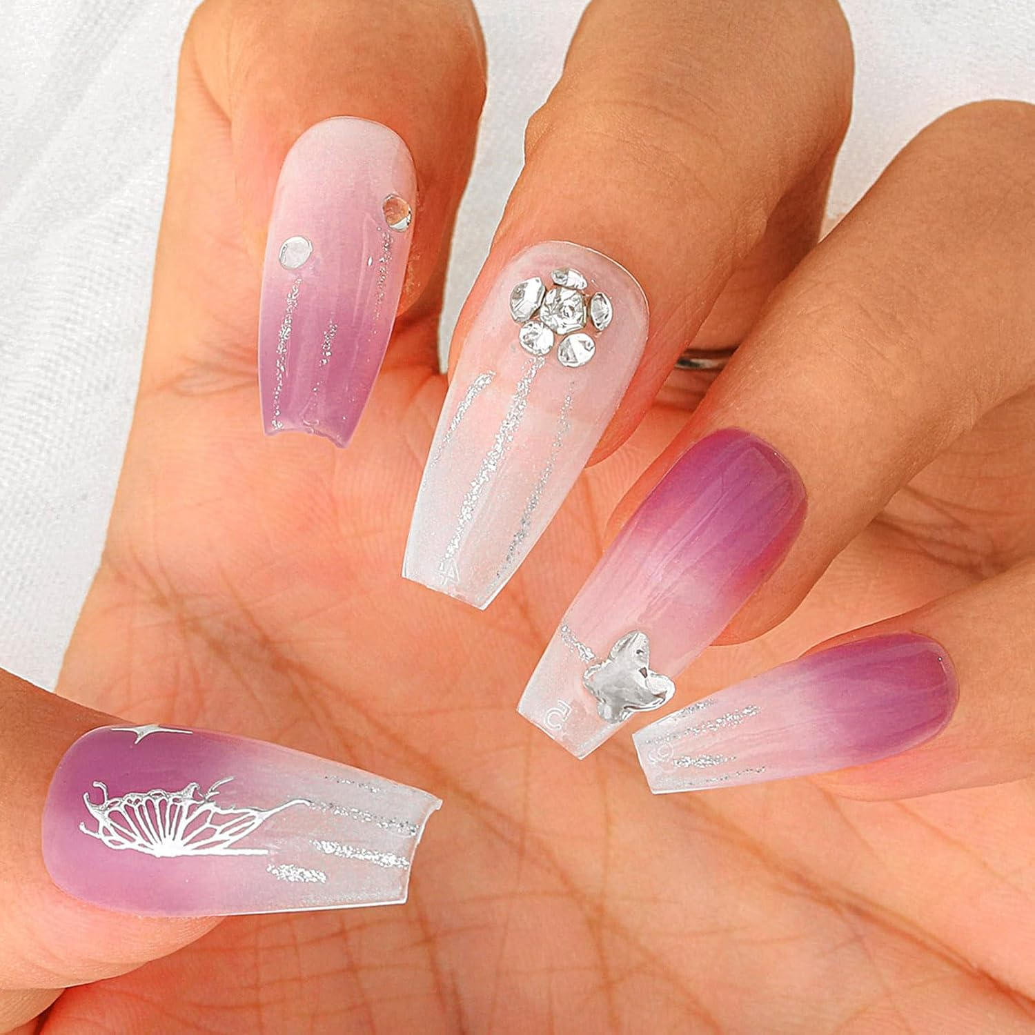 Sethexy Long Coffin Rhinestone Handmade False Nail Purple Hand-Painted Press on Nails Glitter Gradient Shiny False Nails Salon Quality for Women and Girls (W) image number 2