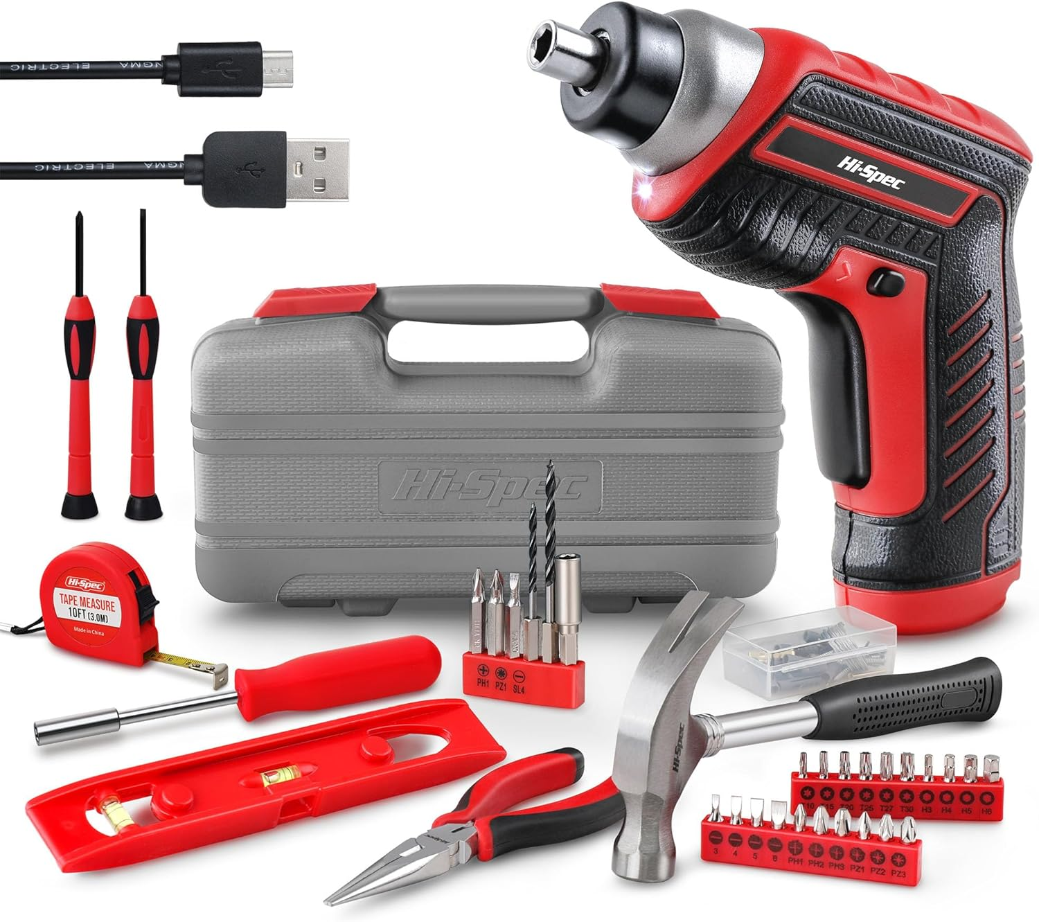 Hi-Spec 35Pc Red Household DIY Toolkit with 3.6V USB Electric Screwdriver and Bit Set. Small Tool Box Set of Starter Basic Tools for Home & Office Repair and Maintenance