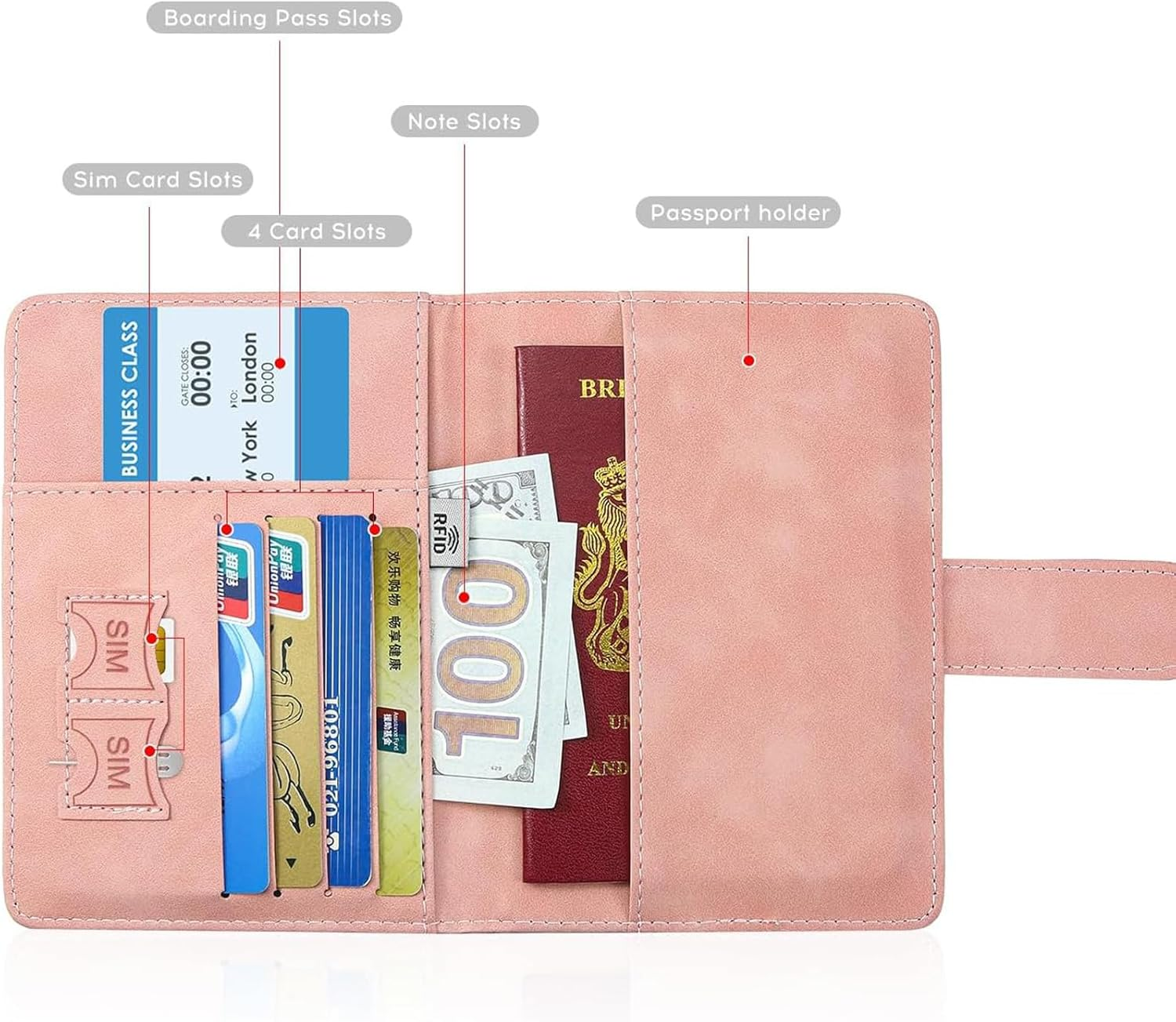 PU Leather Passport Travel Holder - RFID - Blocking Document Organizer with Magnetic Closure, MH MOIHSING Passport Wallet Cover Passport Protector for Credit&Id Cards, Boarding Passes Men&Women (Pink) - Black image number 6