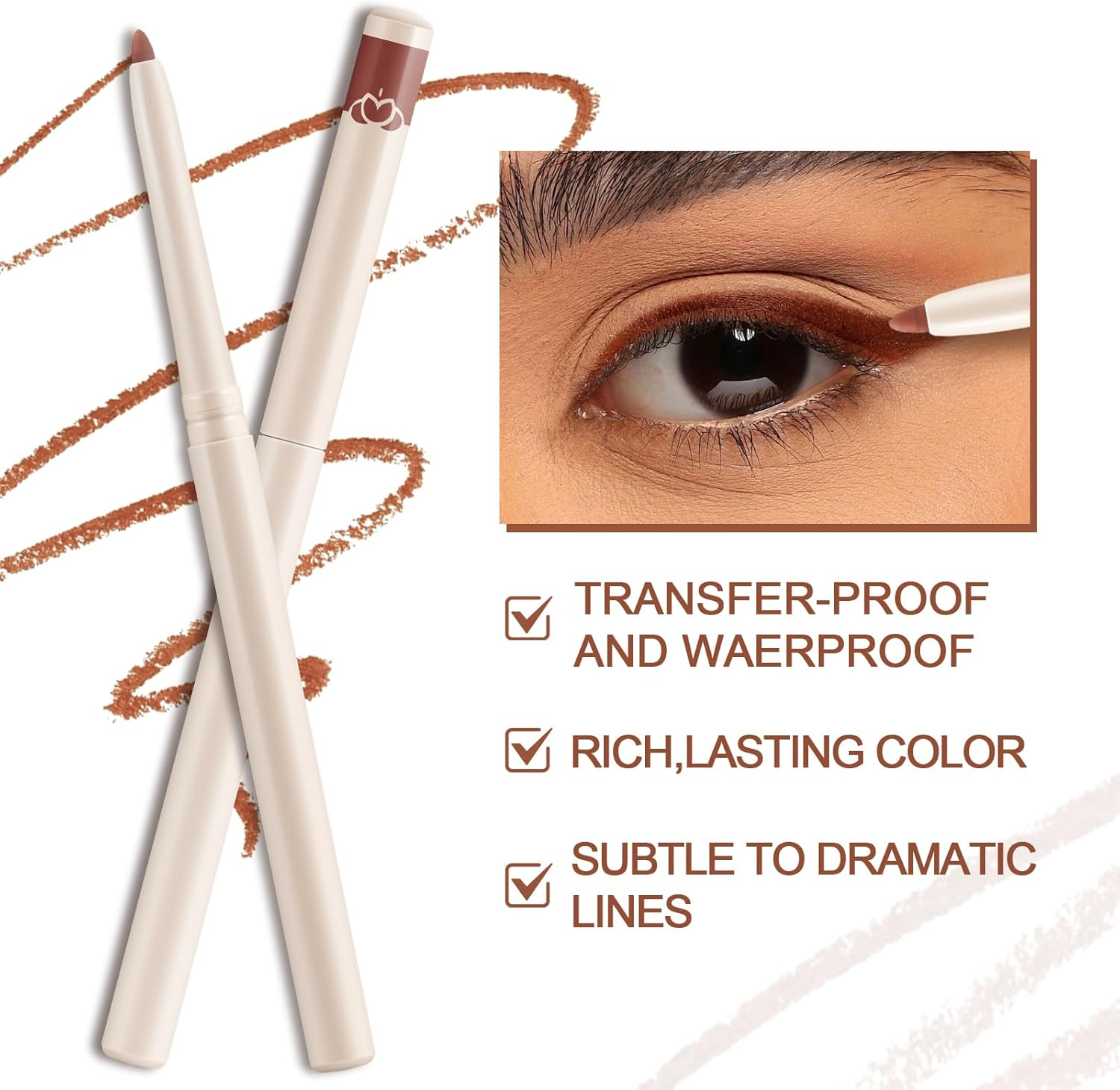 Apooliy 2Pcs Eyeliner,Highly Pigmented Eyeliner Pencil，Smooth Creamy Eye Liner，Waterproof White Eyeliner，Long Wear Black Eyeliner，Brown image number 1