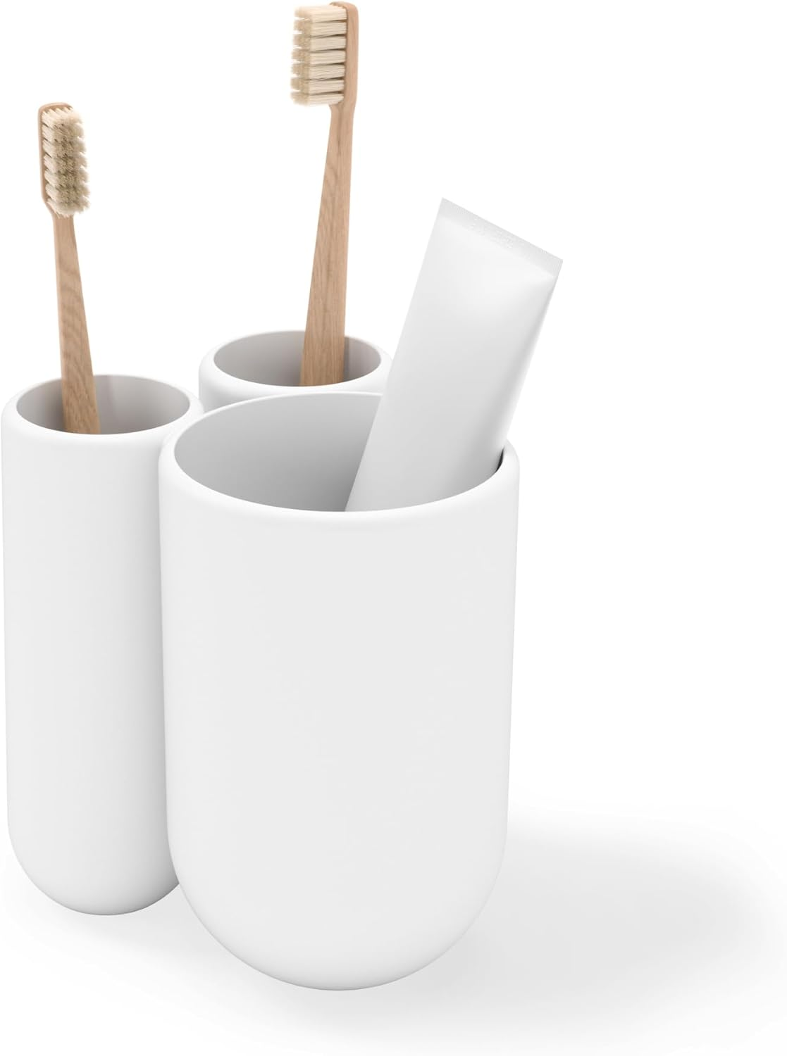 Umbra Touch Toothbrush Toothpaste Modern Bathroom Storage Organizer Holders Stand Rack with Multi-Functional 3 Slots and Dividers-Doesn'T Wobble or Fall Over, 3 &frac12; X 3 X 4 Inches, White Bath