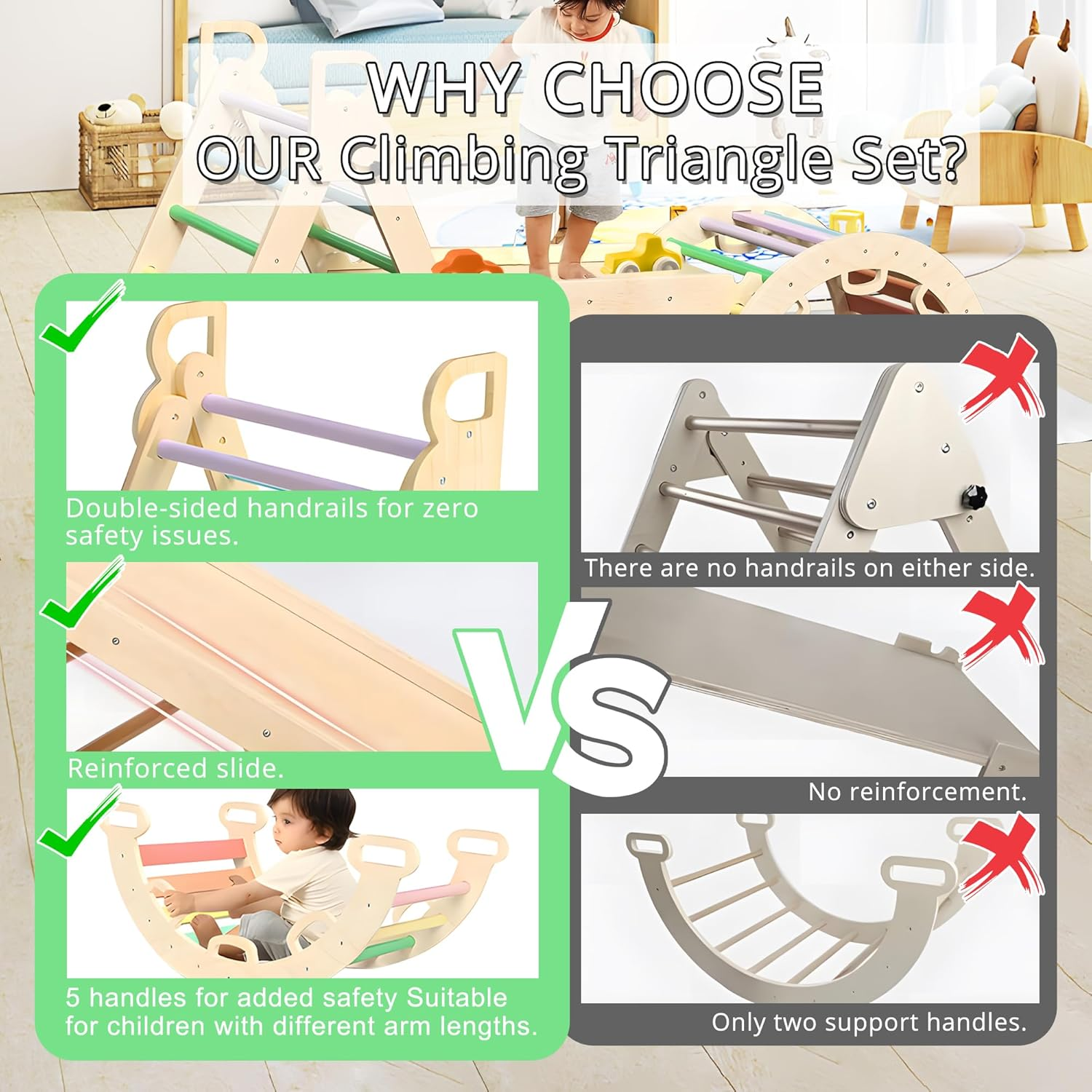 Kids Triangle Climbing Toys Set 7 in 1 Foldable Toddler Wooden Climbing Toys with Arch Ramp Ladder Baby Climber Indoor Jungle Gyms for Toddlers - Rainbow image number 2