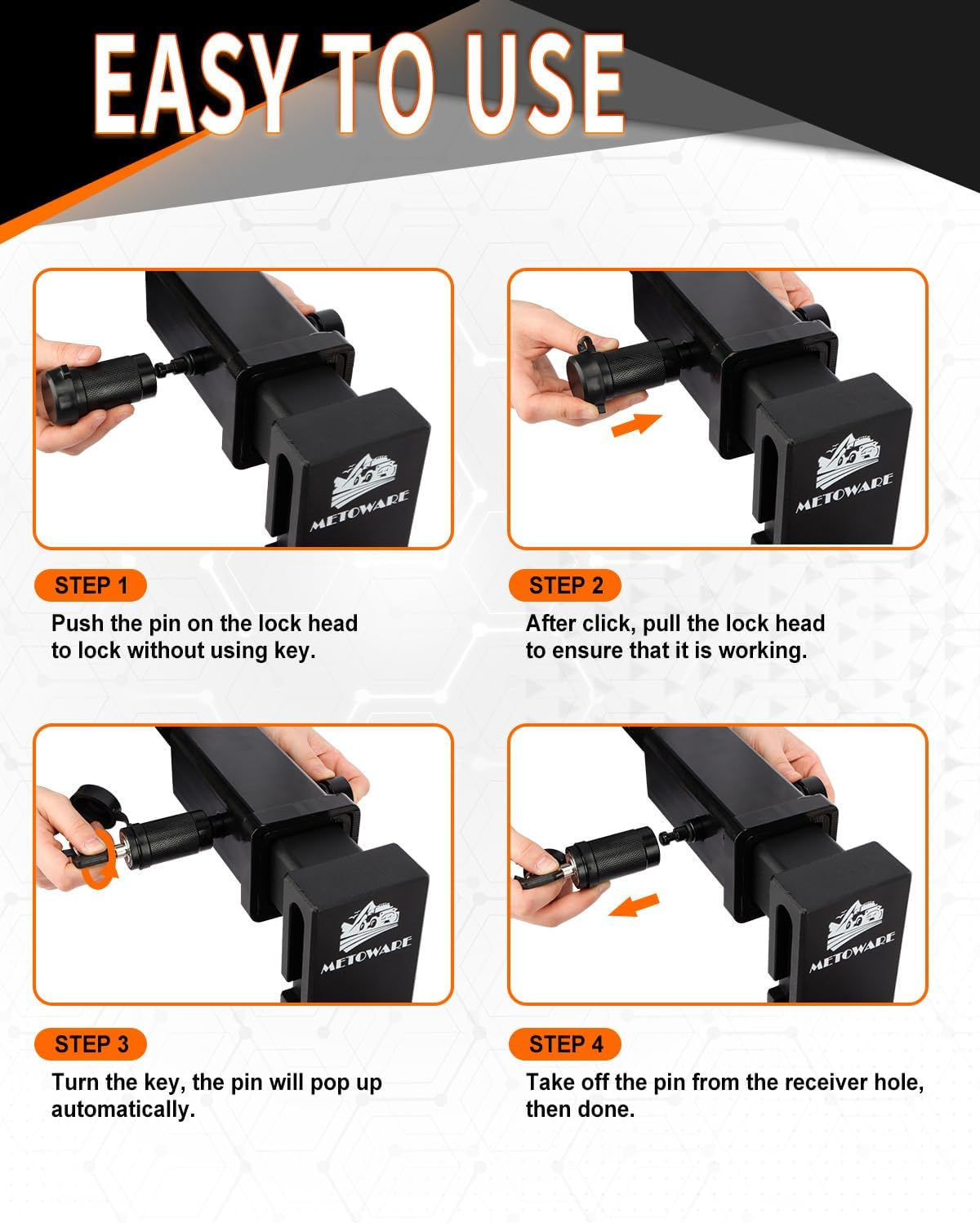 METOWARE Trailer Hitch Lock Hitch Receiver Lock Fits Class III IV and 2" 2-1/2" Receiver with 5/8" Dia 3-1/2&rdquo; Long Pin and 8 Anti-Rattle Rubber O-Rings, for Trailer Truck Car Boat (1 Pack) image number 6