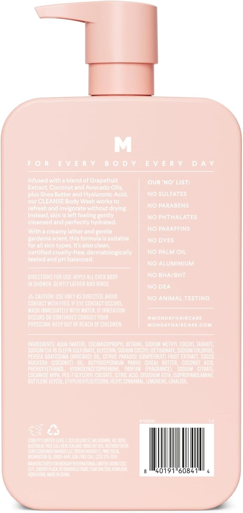 MONDAY Haircare CLEANSE Body Wash with Grapefruit Extract, Hyaluronic Acid, Shea Butter, Hyaluronic Acid and Coconut Oil